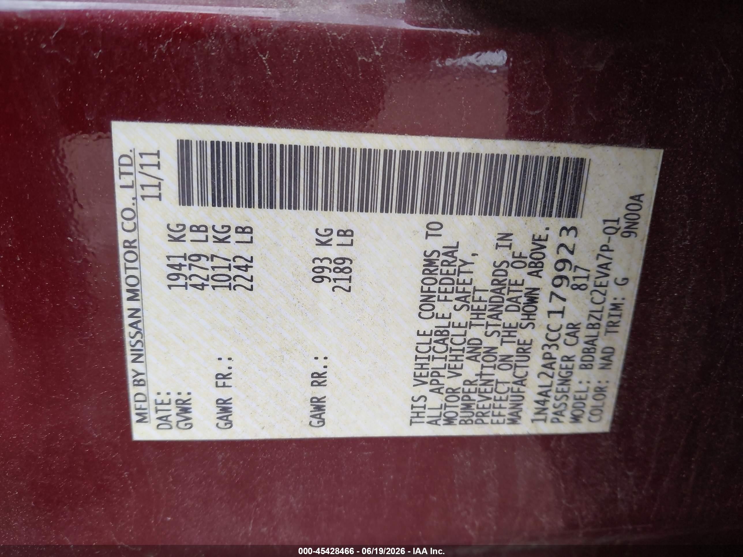 2012 Nissan Altima 2.5 S Burgundy vin: 1N4AL2AP3CC179923