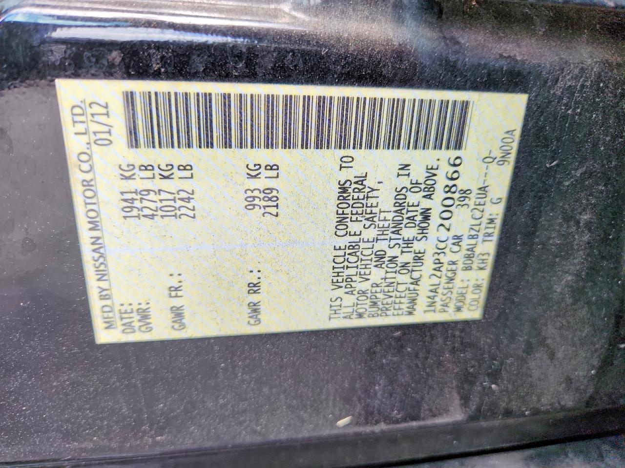 2012 Nissan Altima 2.5 Black vin: 1N4AL2AP3CC200866