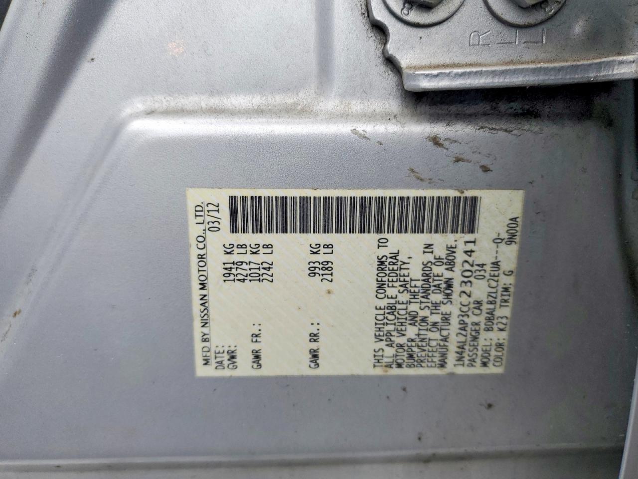 2012 Nissan Altima 2.5 Gray vin: 1N4AL2AP3CC230241