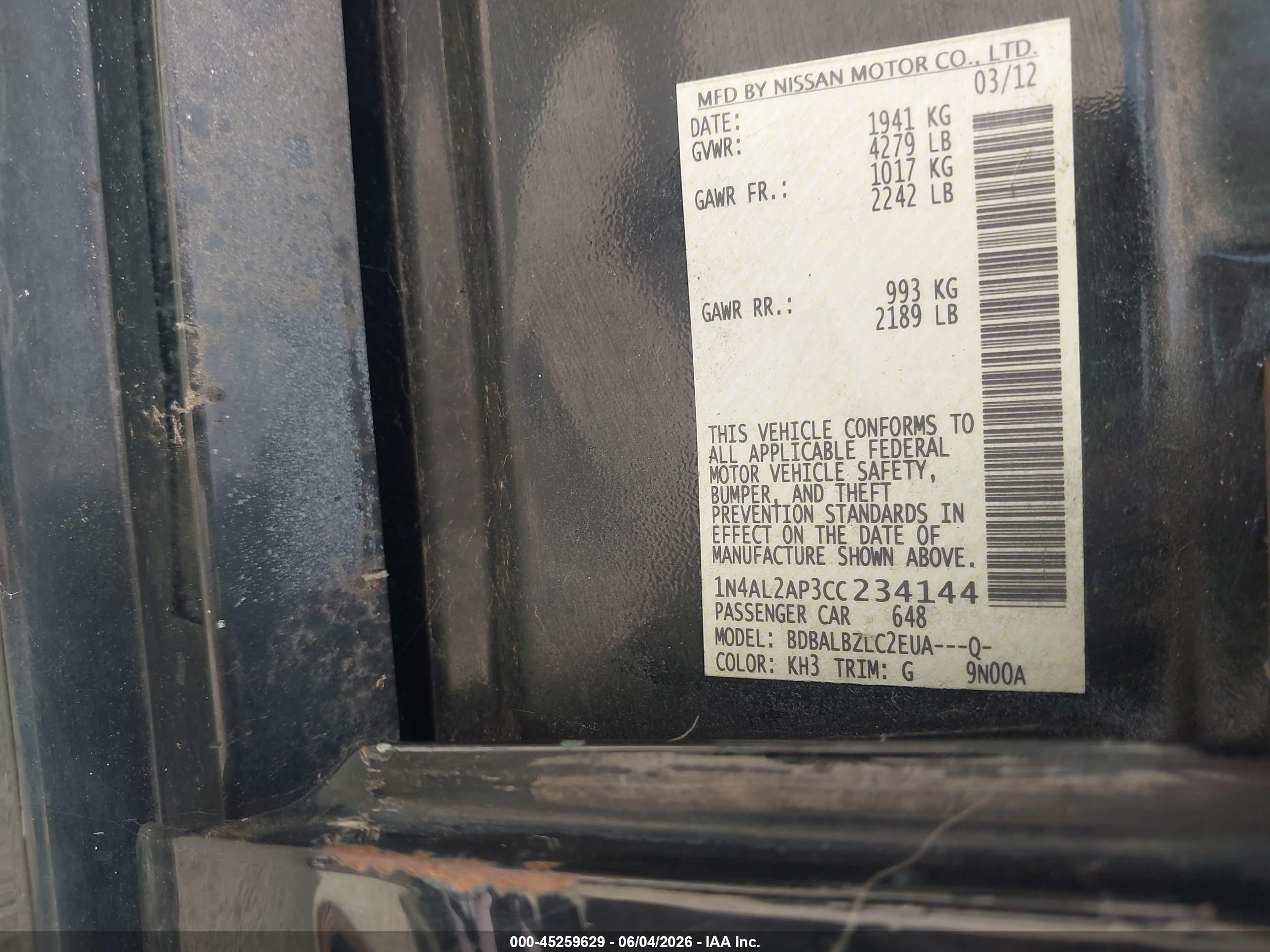 2012 Nissan Altima 2.5 S Black vin: 1N4AL2AP3CC234144