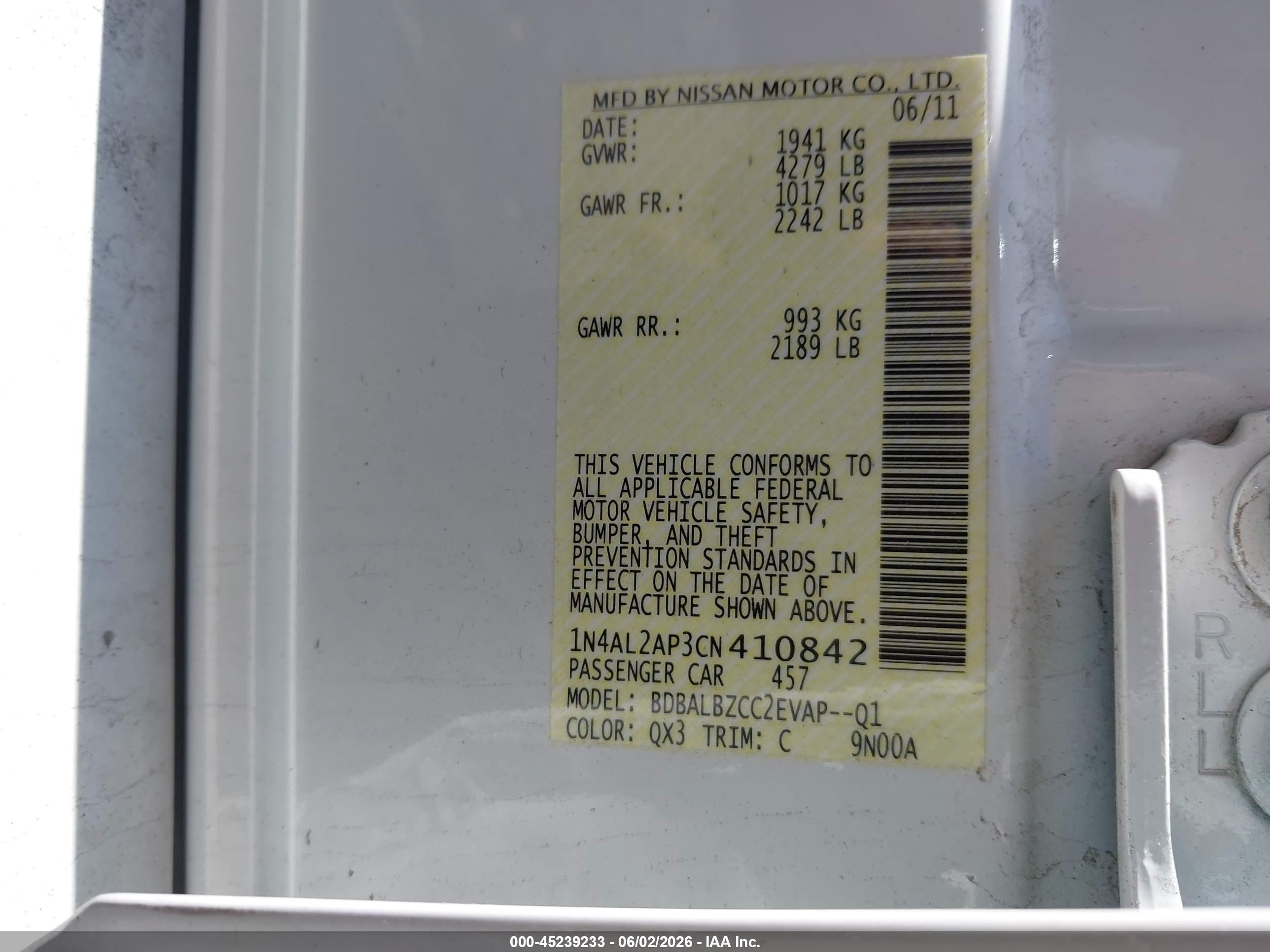 2012 Nissan Altima 2.5 S White vin: 1N4AL2AP3CN410842