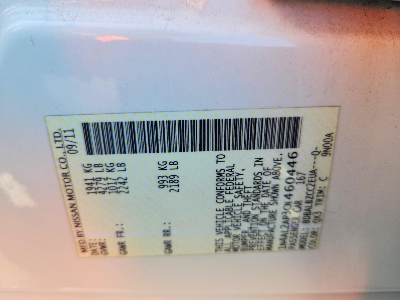 2012 Nissan Altima 2.5 White vin: 1N4AL2AP3CN460446