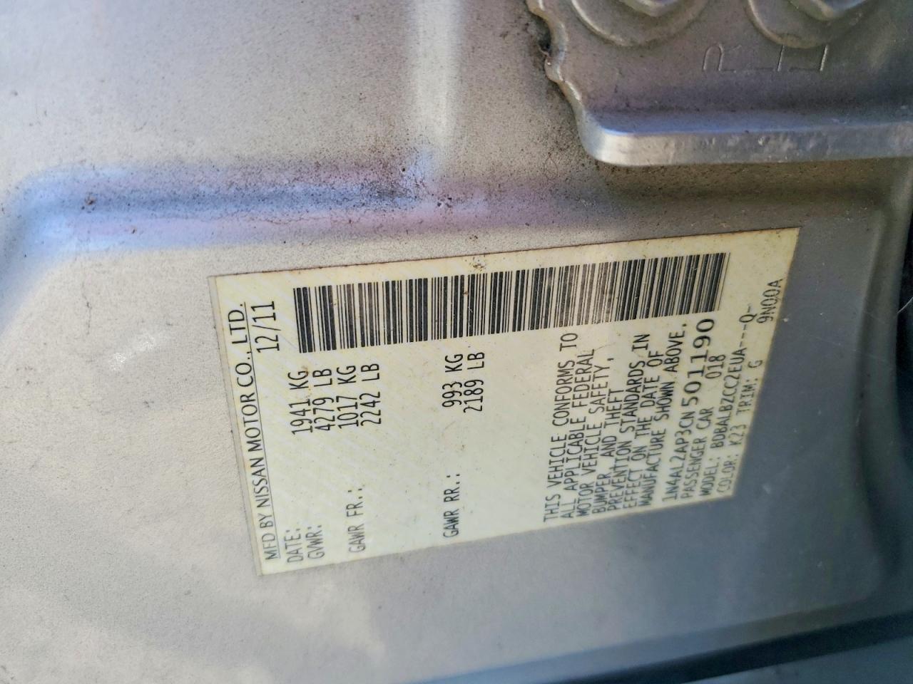 2012 Nissan Altima 2.5 Gray vin: 1N4AL2AP3CN501190