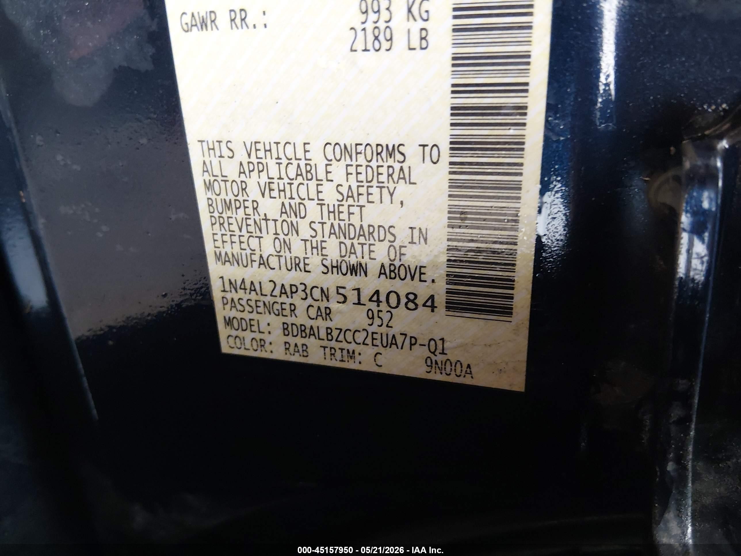 2012 Nissan Altima 2.5 S Blue vin: 1N4AL2AP3CN514084