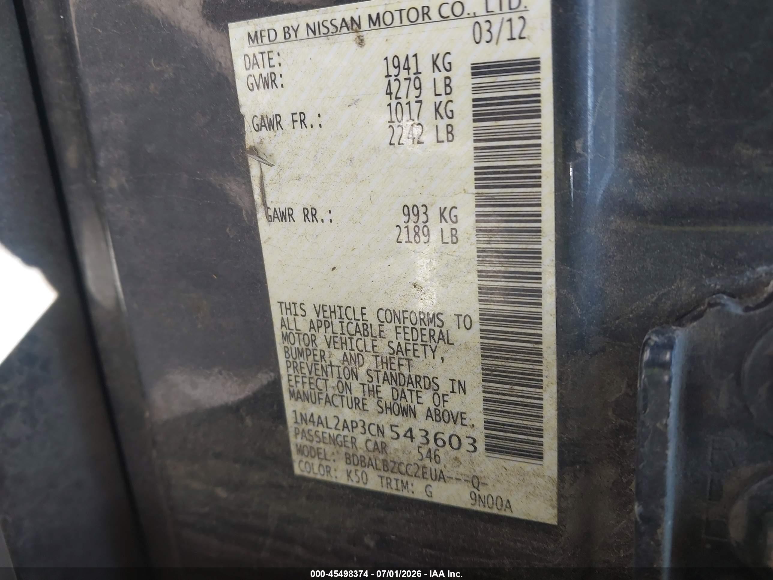 2012 Nissan Altima 2.5 S Gray vin: 1N4AL2AP3CN543603