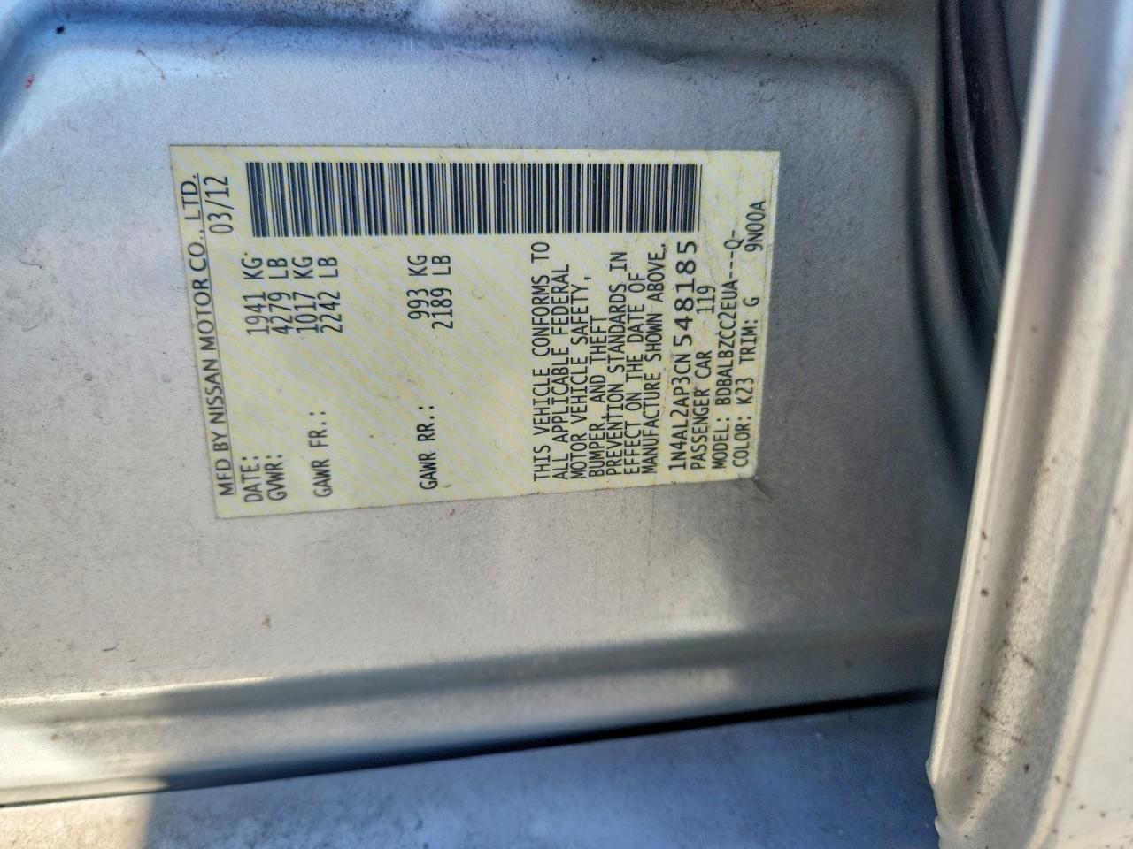 2012 Nissan Altima Silver vin: 1N4AL2AP3CN548185