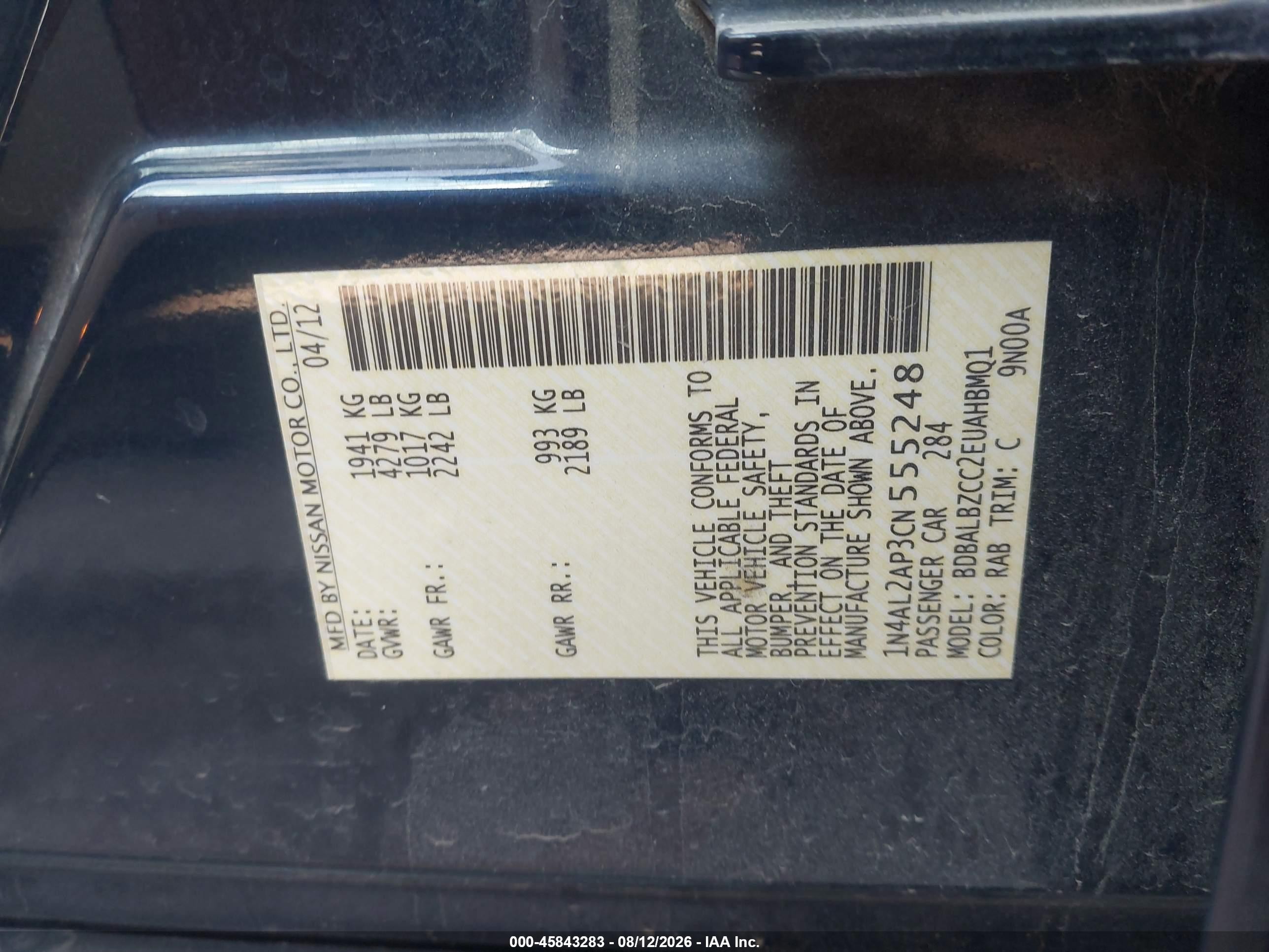 2012 Nissan Altima 2.5 S Blue vin: 1N4AL2AP3CN555248