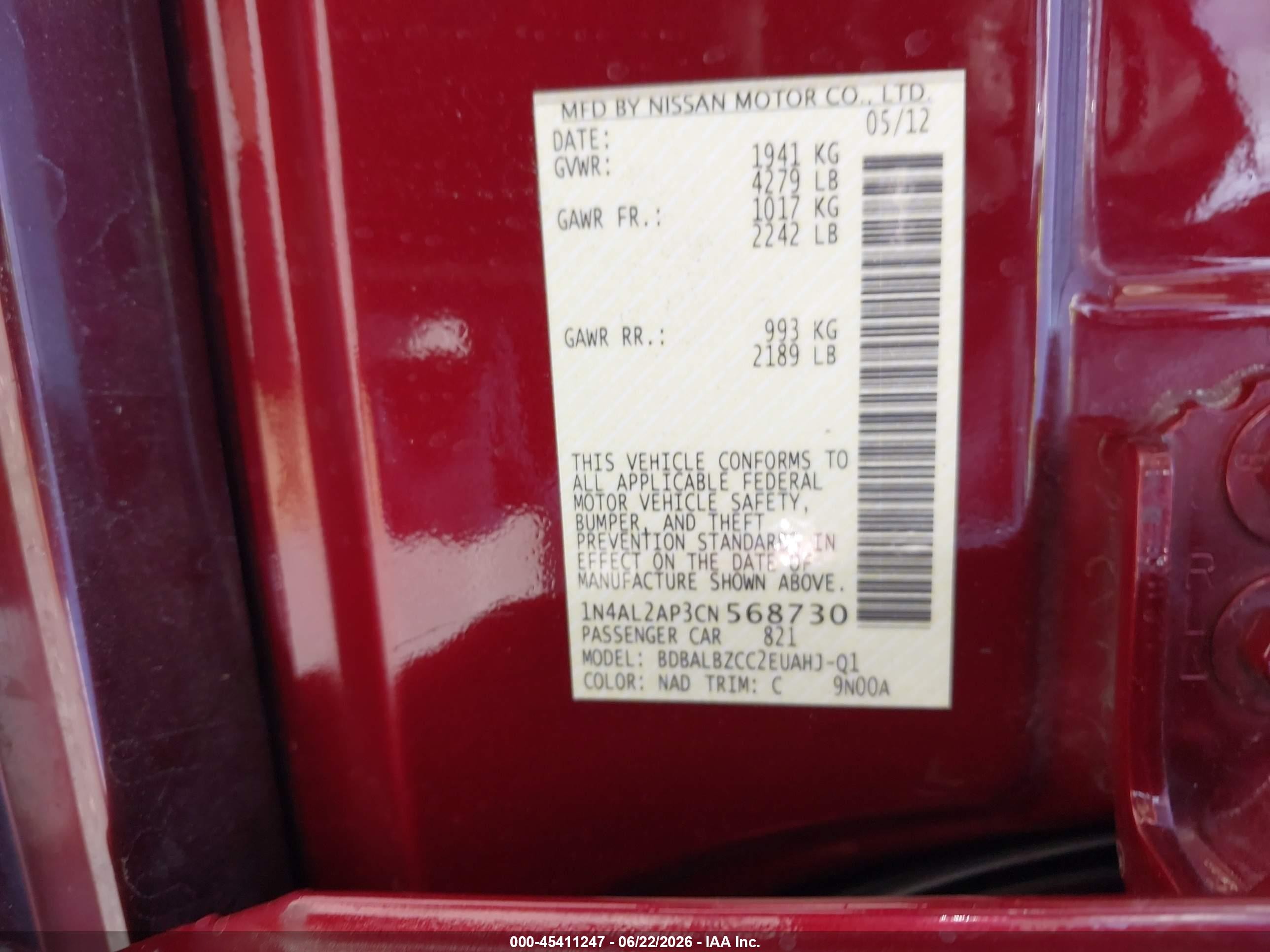 2012 Nissan Altima 2.5 S Red vin: 1N4AL2AP3CN568730