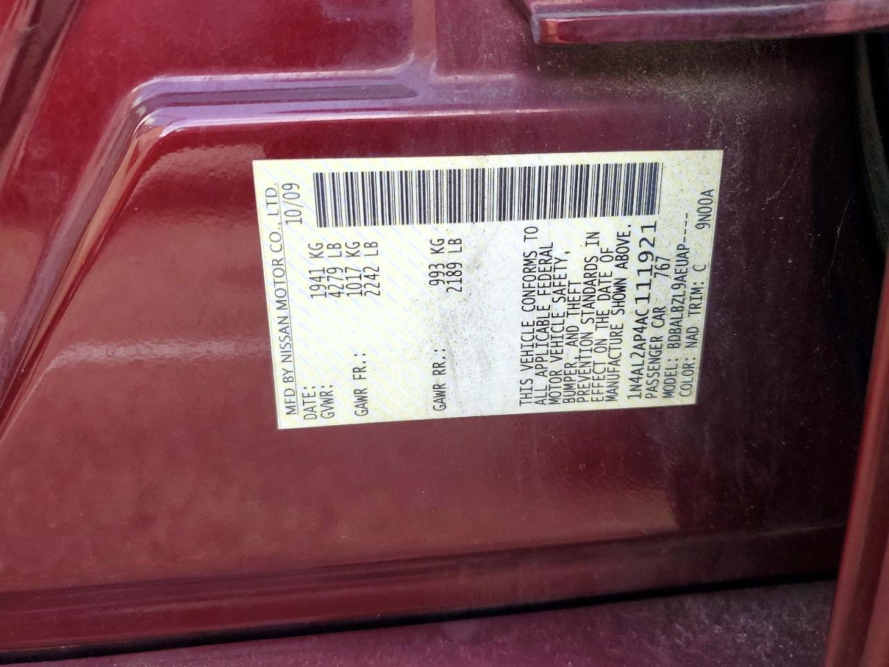 2010 Nissan Altima 2.5 Maroon vin: 1N4AL2AP4AC111921