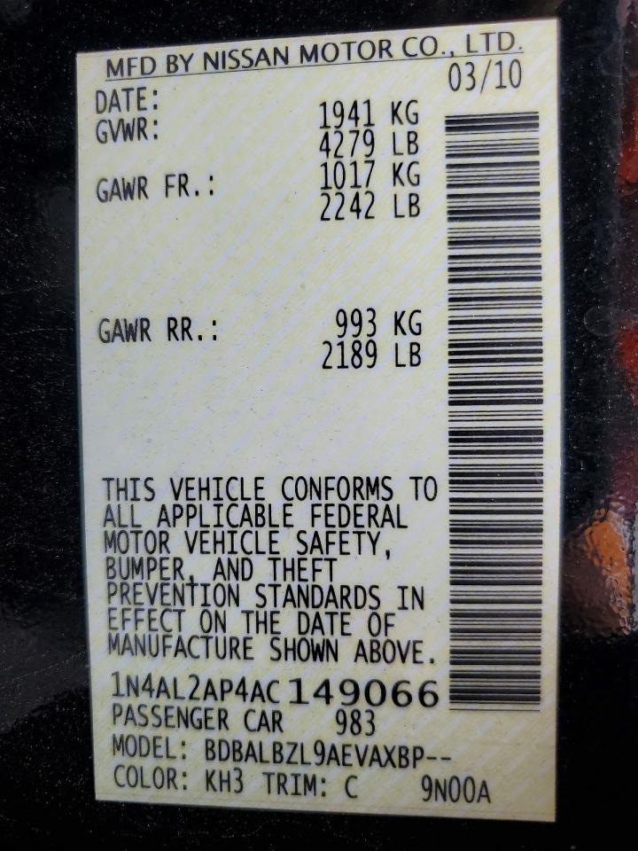 2010 Nissan Altima 2.5 Черный vin: 1N4AL2AP4AC149066