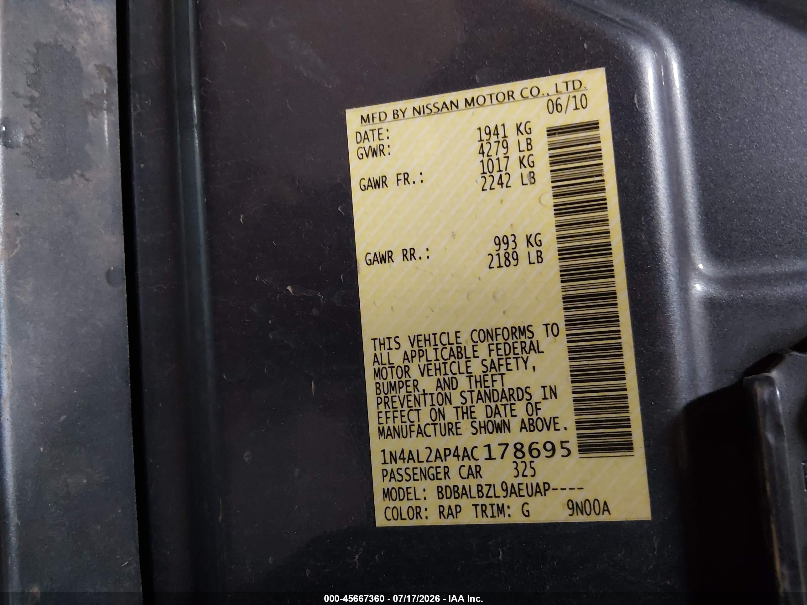 2010 Nissan Altima 2.5 S Синий vin: 1N4AL2AP4AC178695