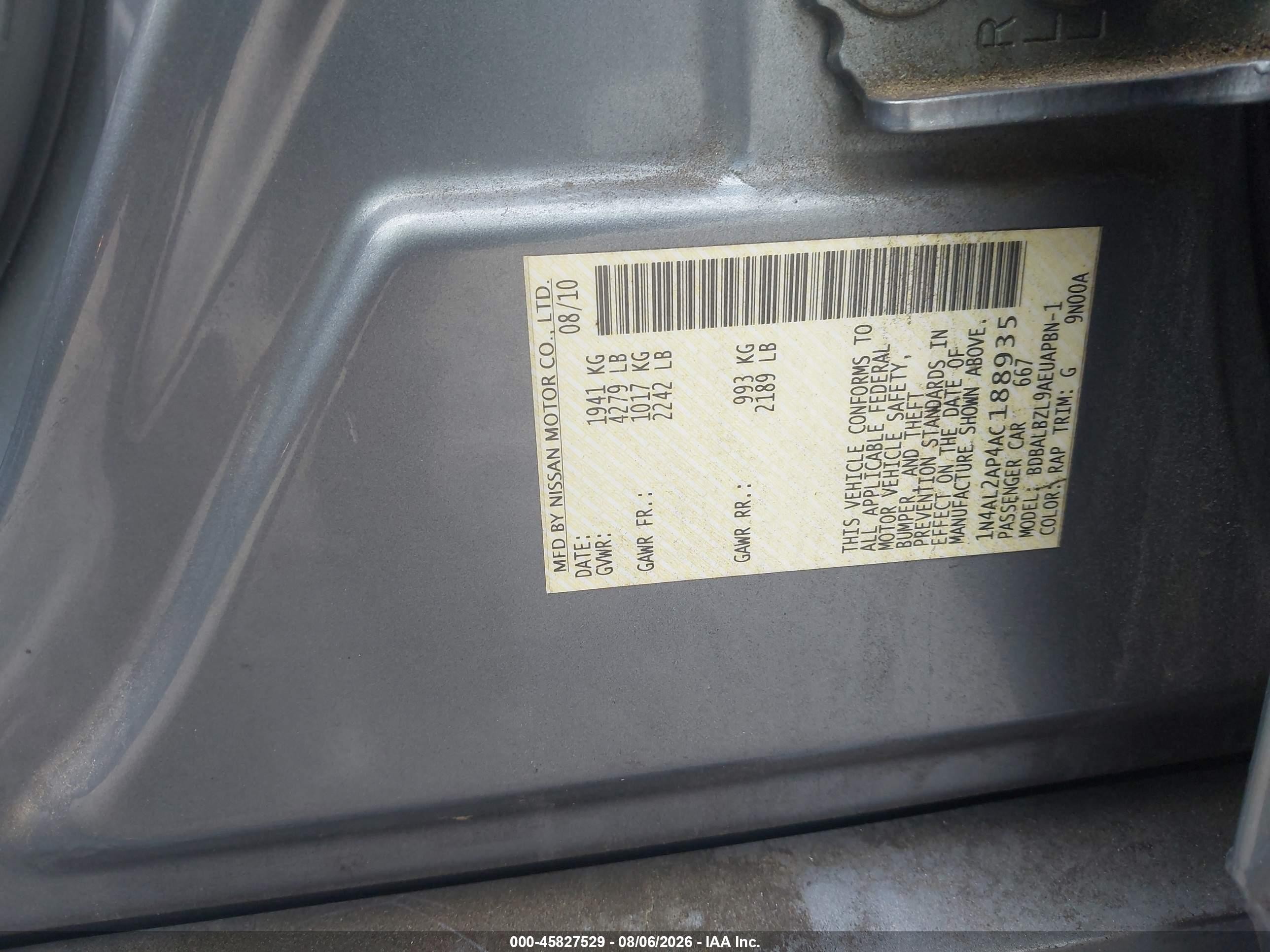 2010 Nissan Altima 2.5 S Blue vin: 1N4AL2AP4AC188935