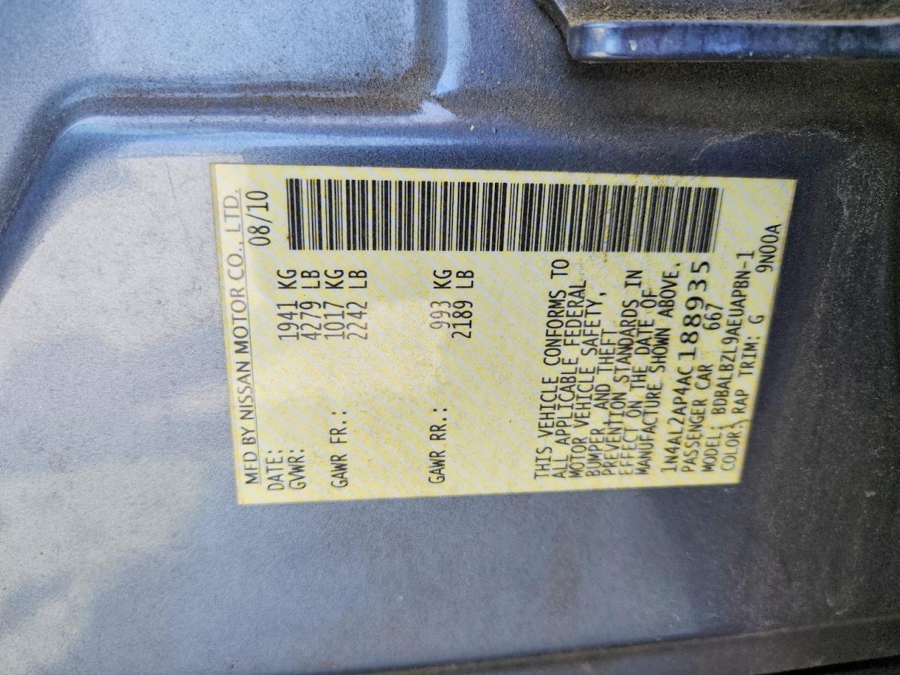 2010 Nissan Altima 2.5 Blue vin: 1N4AL2AP4AC188935