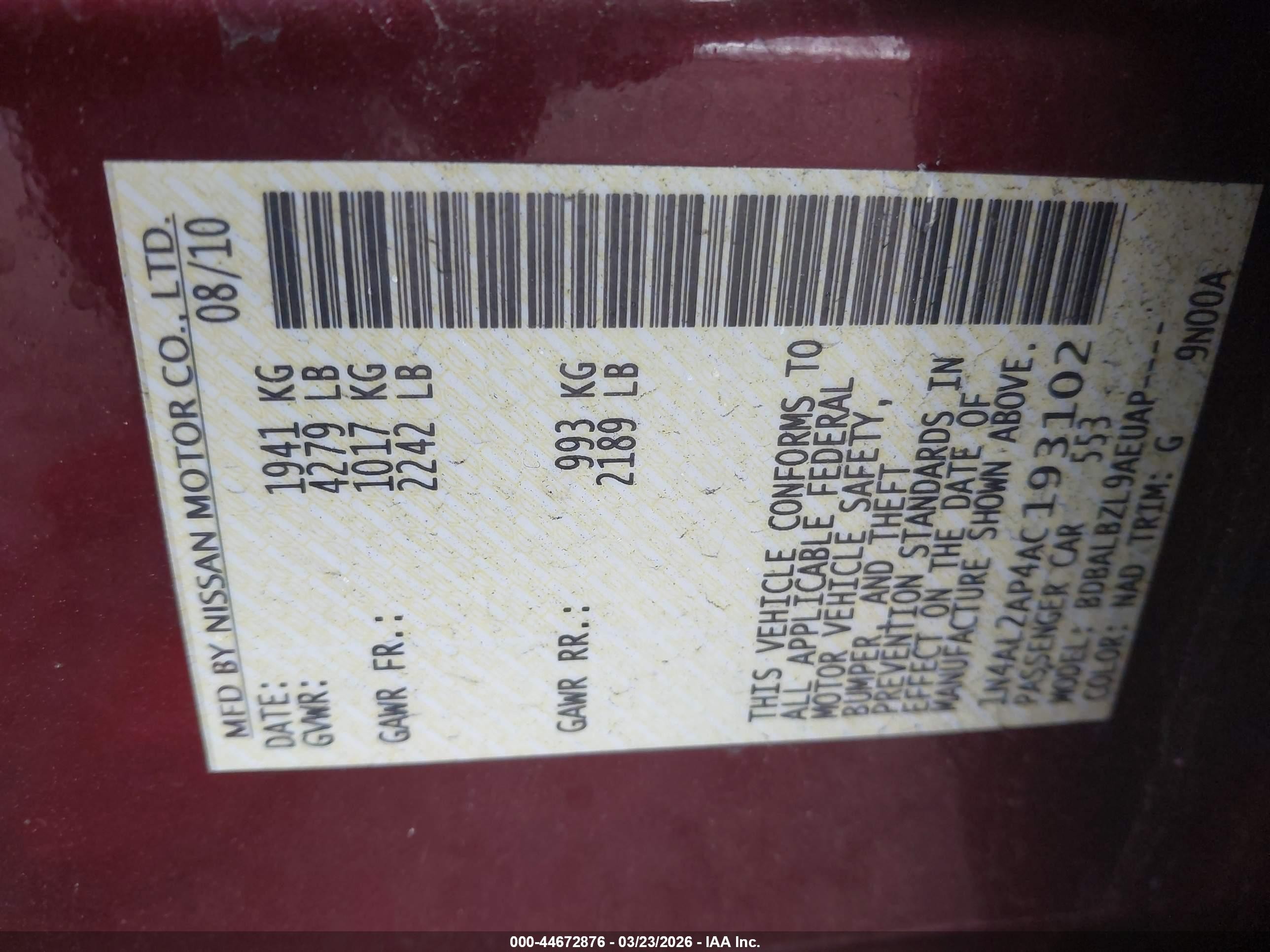 2010 Nissan Altima 2.5 S Maroon vin: 1N4AL2AP4AC193102
