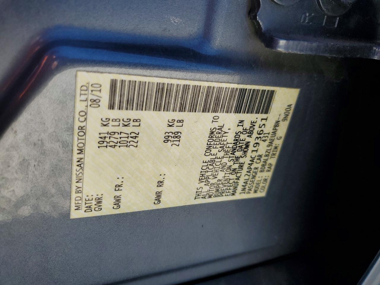 2010 Nissan Altima 2.5 Blue vin: 1N4AL2AP4AC193651