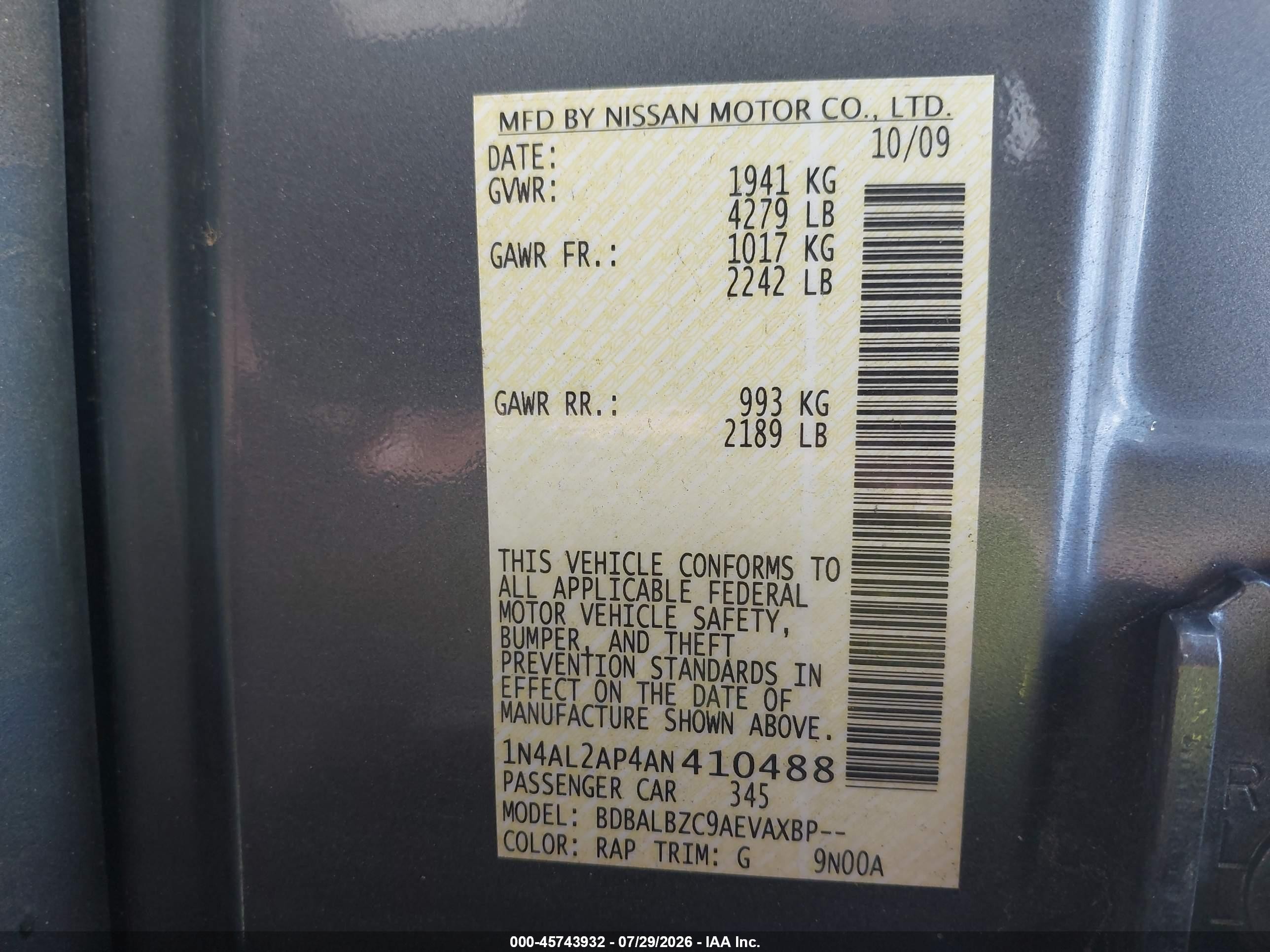 2010 Nissan Altima 2.5 S Blue vin: 1N4AL2AP4AN410488