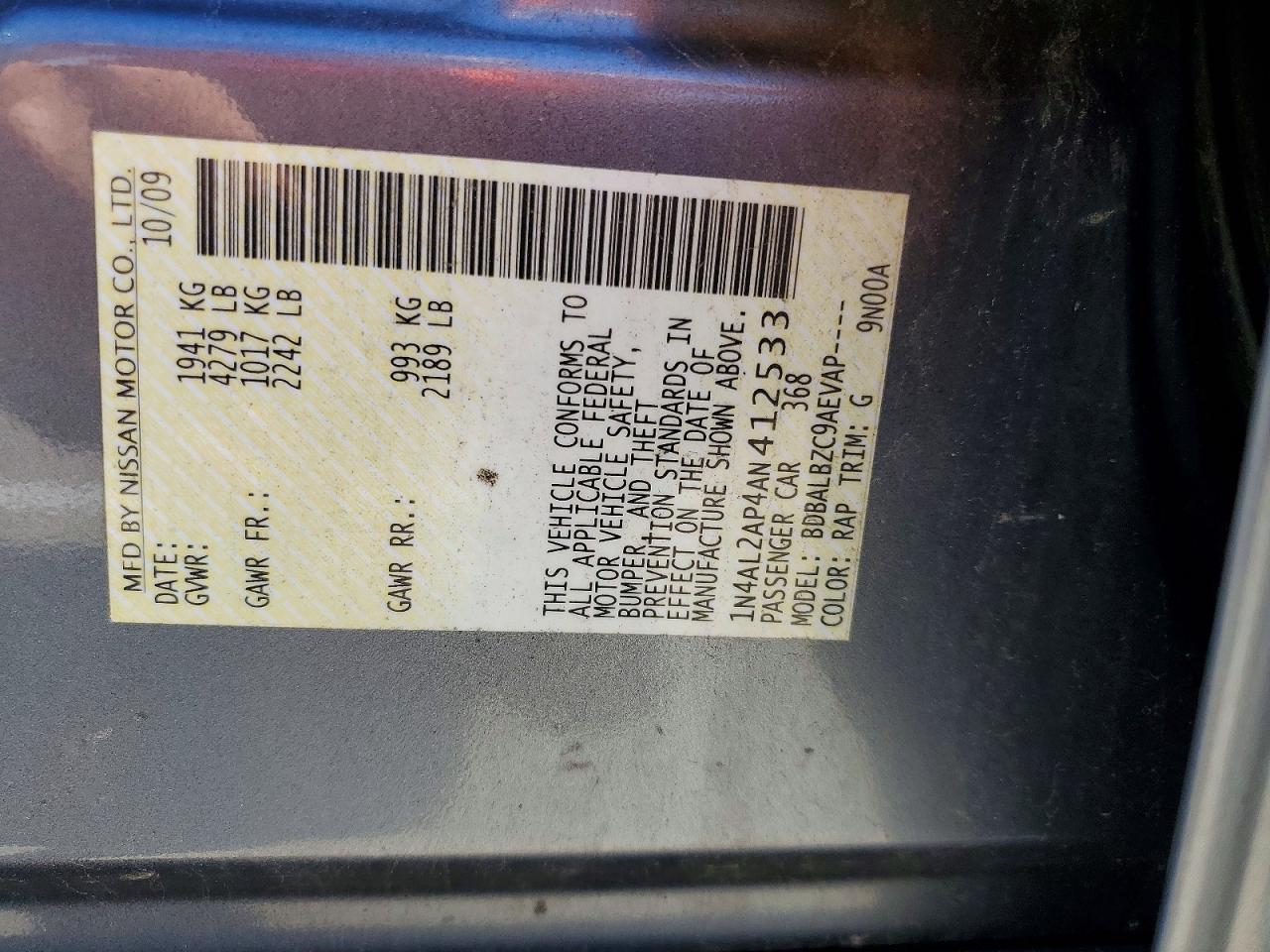 2010 Nissan Altima Base/s Silver vin: 1N4AL2AP4AN412533
