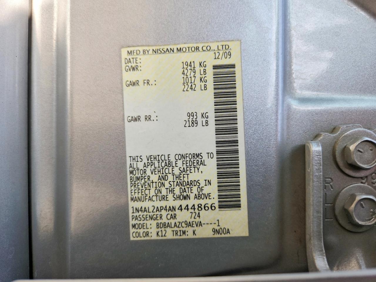 2010 Nissan Altima 2.5 Silver vin: 1N4AL2AP4AN444866