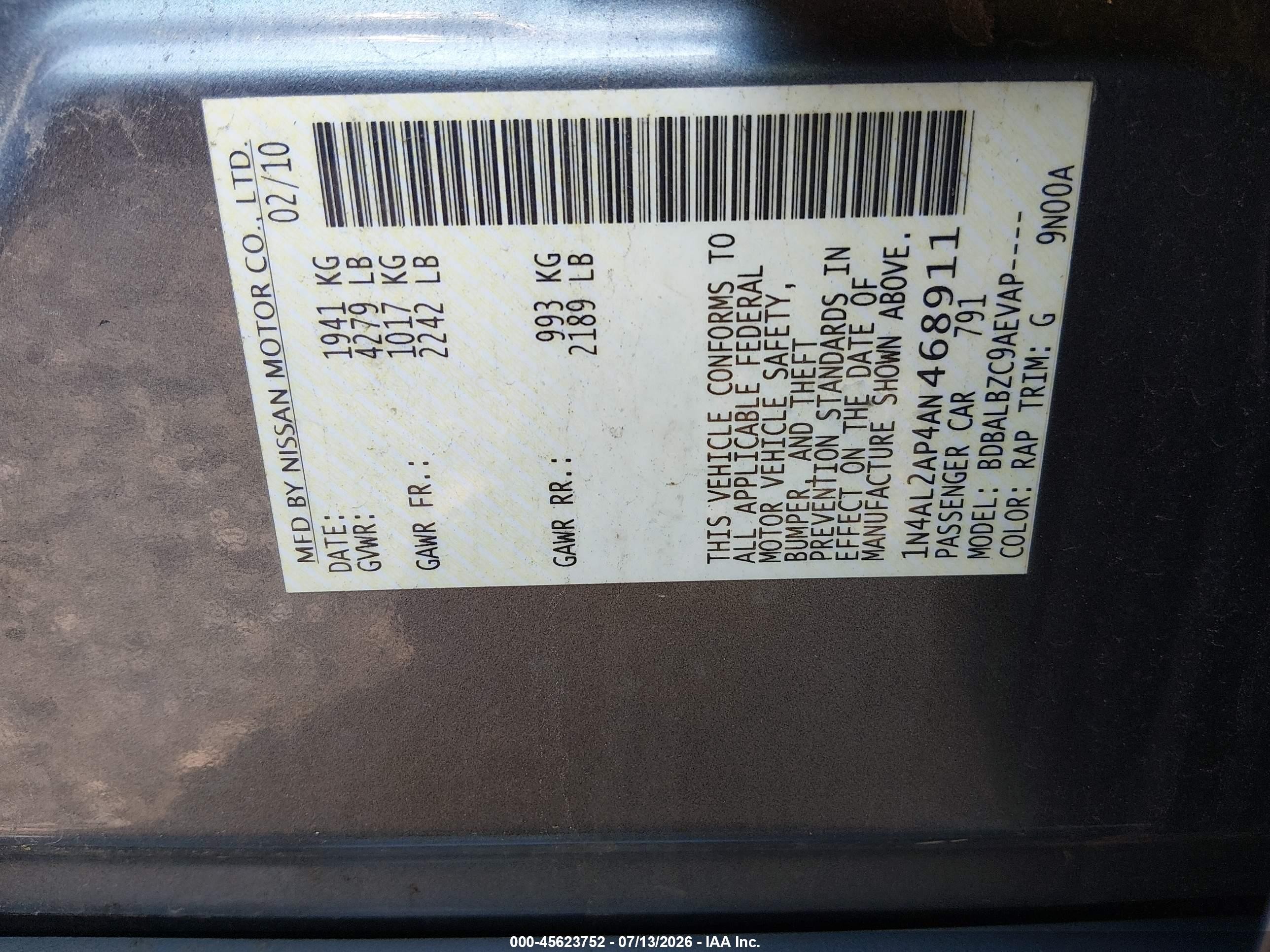 2010 Nissan Altima 2.5 S Gray vin: 1N4AL2AP4AN468911