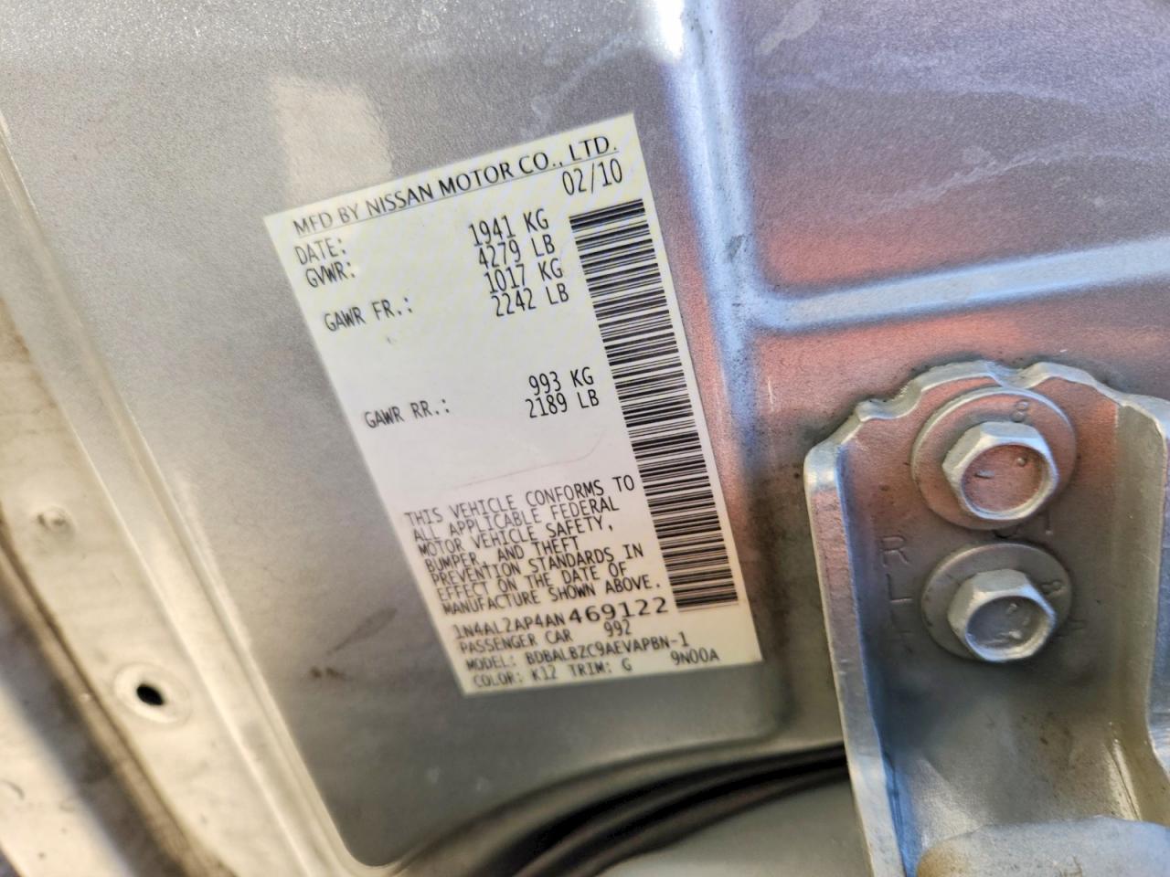 2010 Nissan Altima 2.5 Silver vin: 1N4AL2AP4AN469122