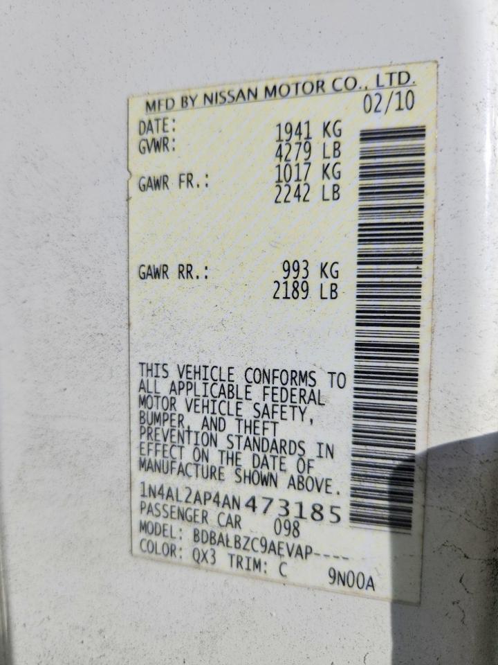 2010 Nissan Altima 2.5 Белый vin: 1N4AL2AP4AN473185