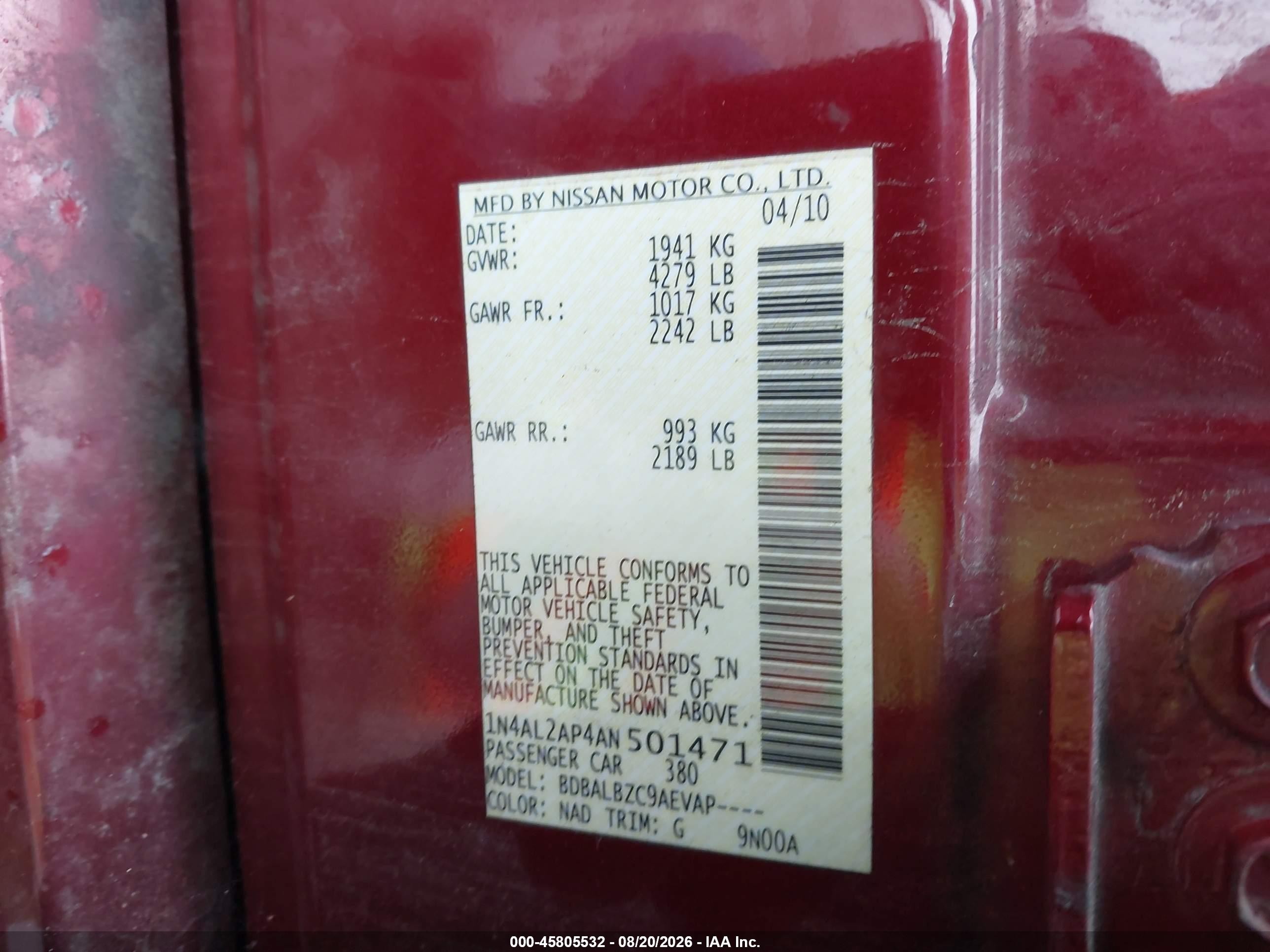 2010 Nissan Altima 2.5 S Red vin: 1N4AL2AP4AN501471