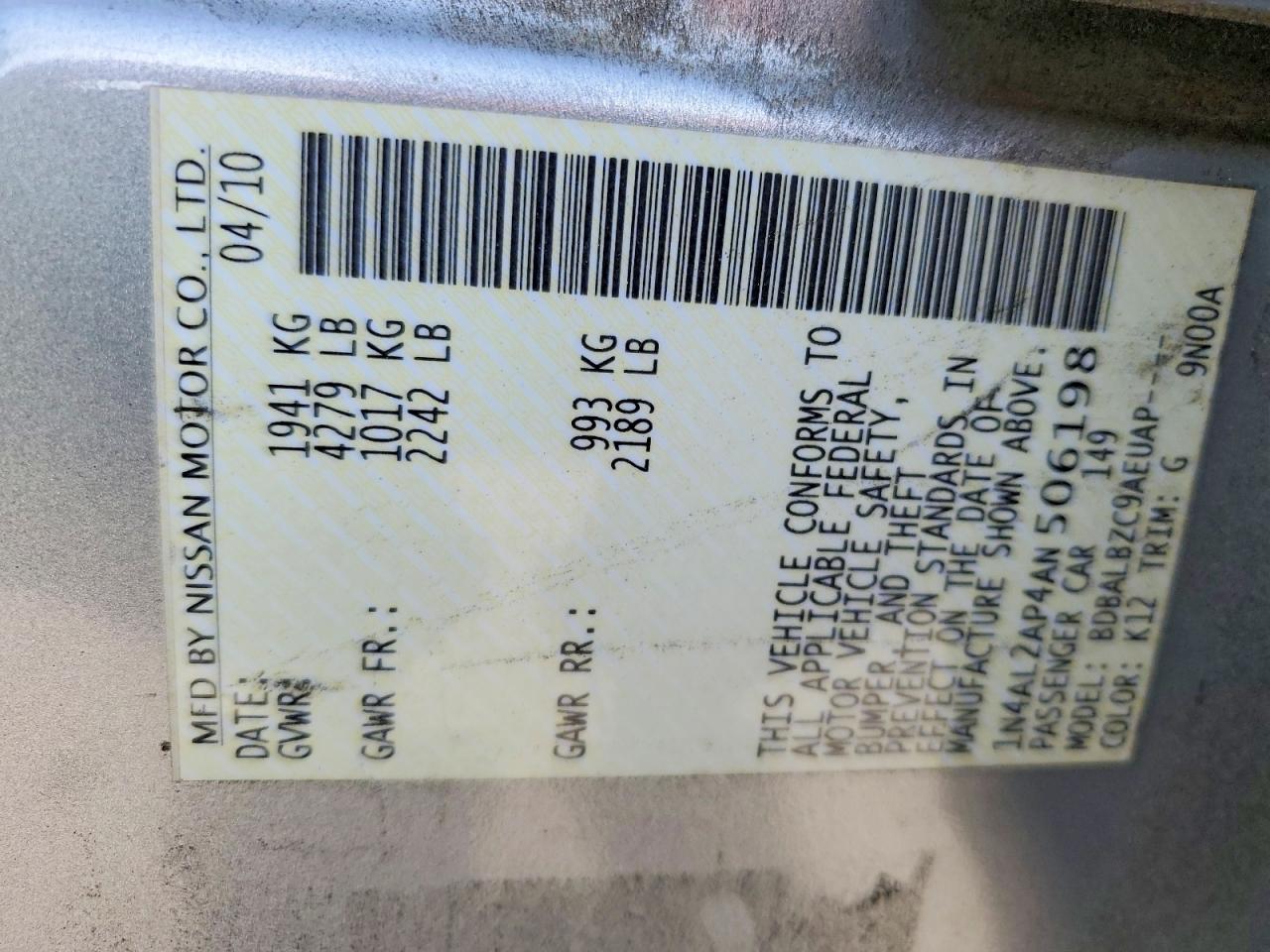 2010 Nissan Altima 2.5 Silver vin: 1N4AL2AP4AN506198