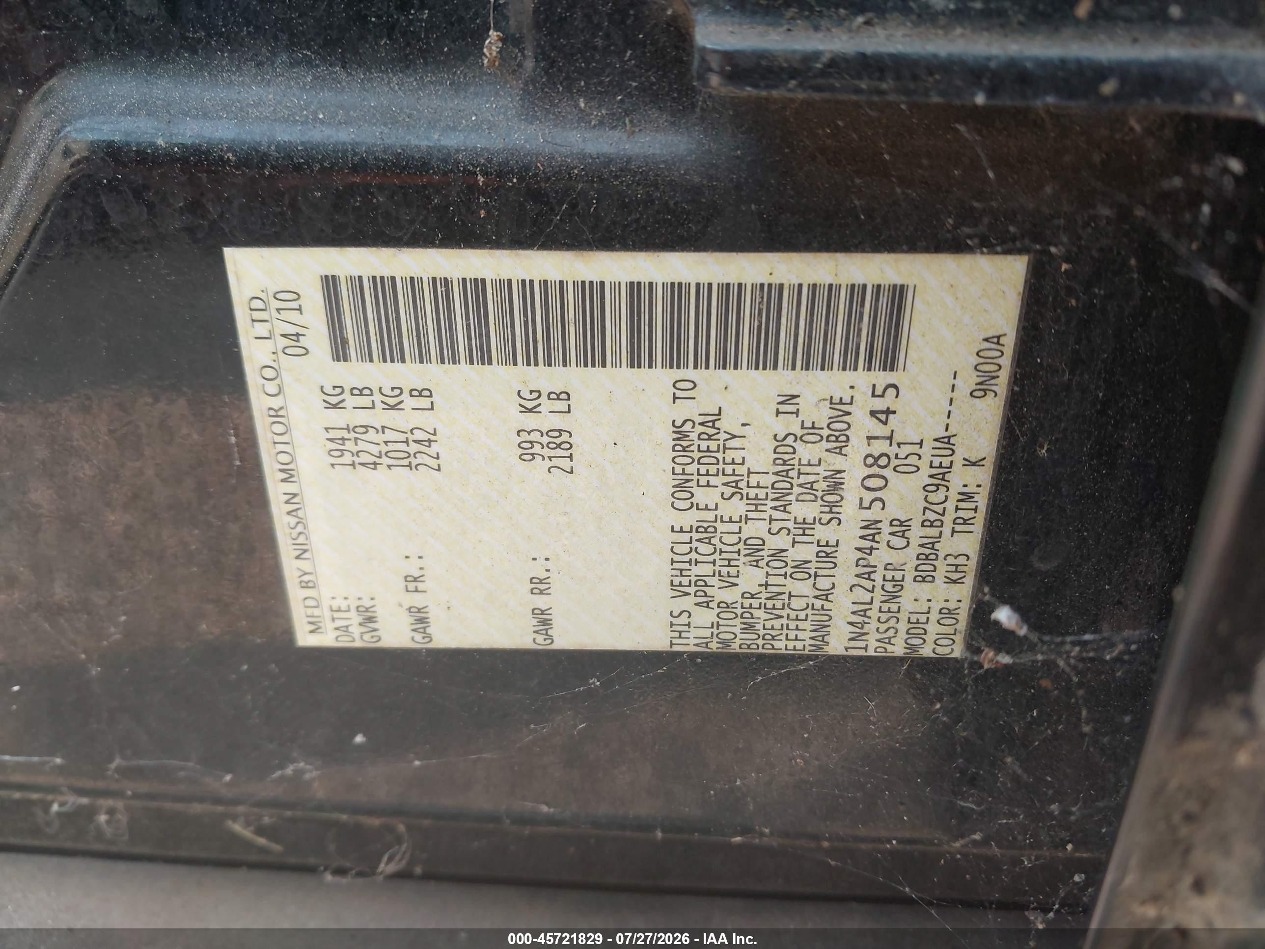 2010 Nissan Altima 2.5 S Black vin: 1N4AL2AP4AN508145