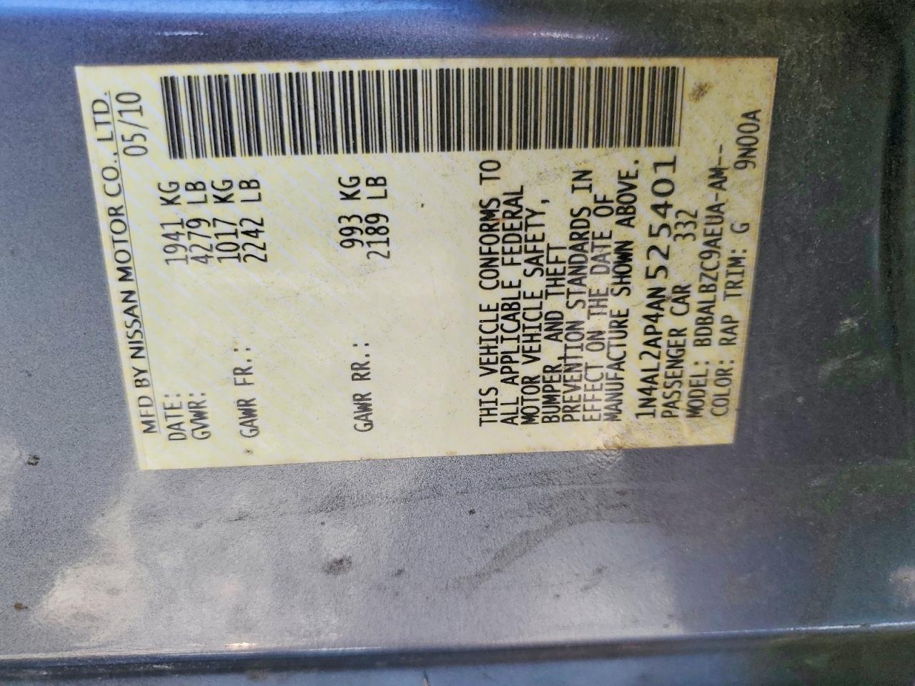 2010 Nissan Altima 2.5 Blue vin: 1N4AL2AP4AN525401