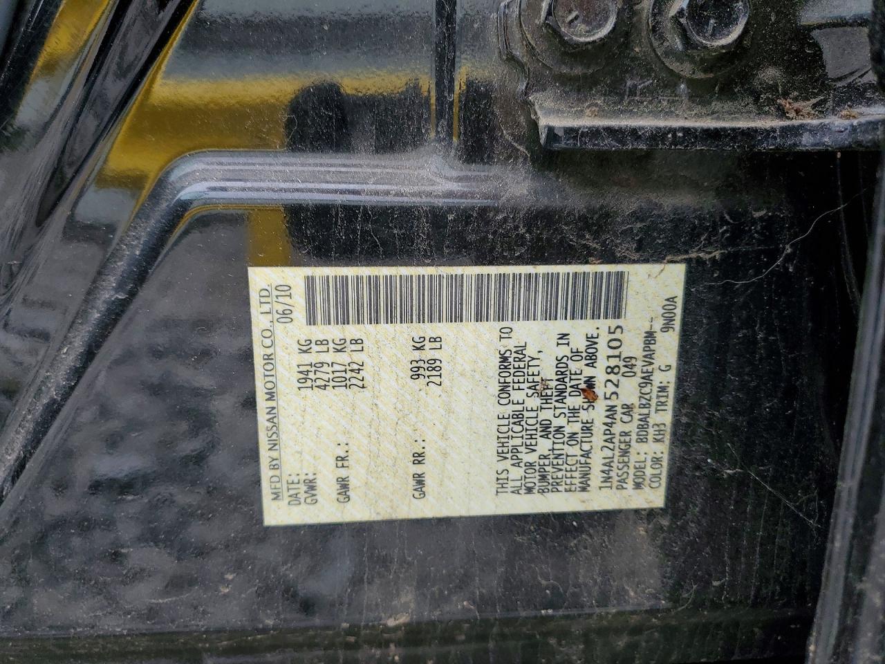 2010 Nissan Altima 2.5 Black vin: 1N4AL2AP4AN528105