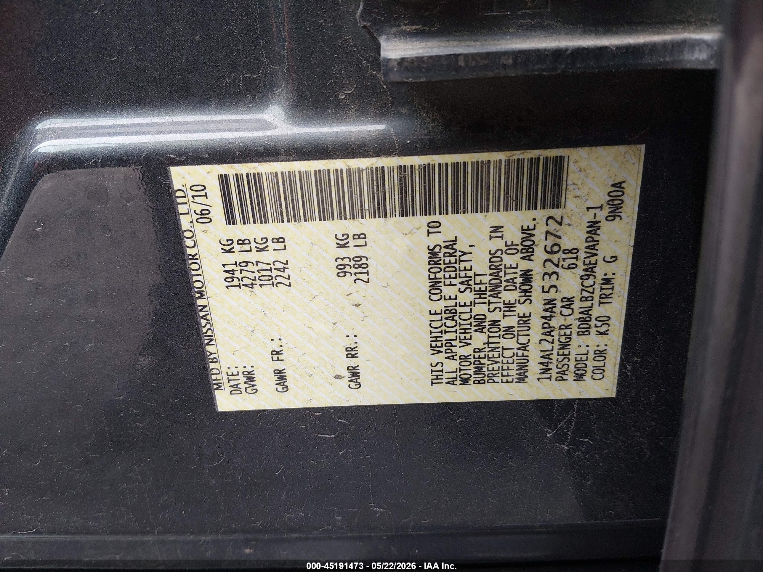 2010 Nissan Altima 2.5 S Gray vin: 1N4AL2AP4AN532672