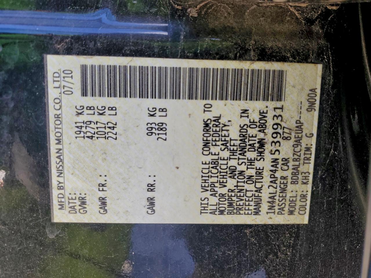 2010 Nissan Altima Base Black vin: 1N4AL2AP4AN539931