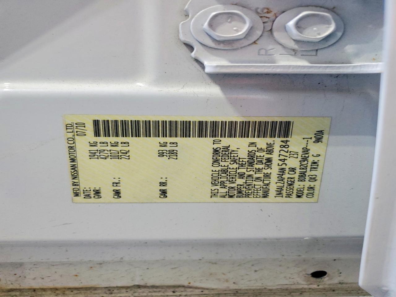 2010 Nissan Altima Белый vin: 1N4AL2AP4AN547284