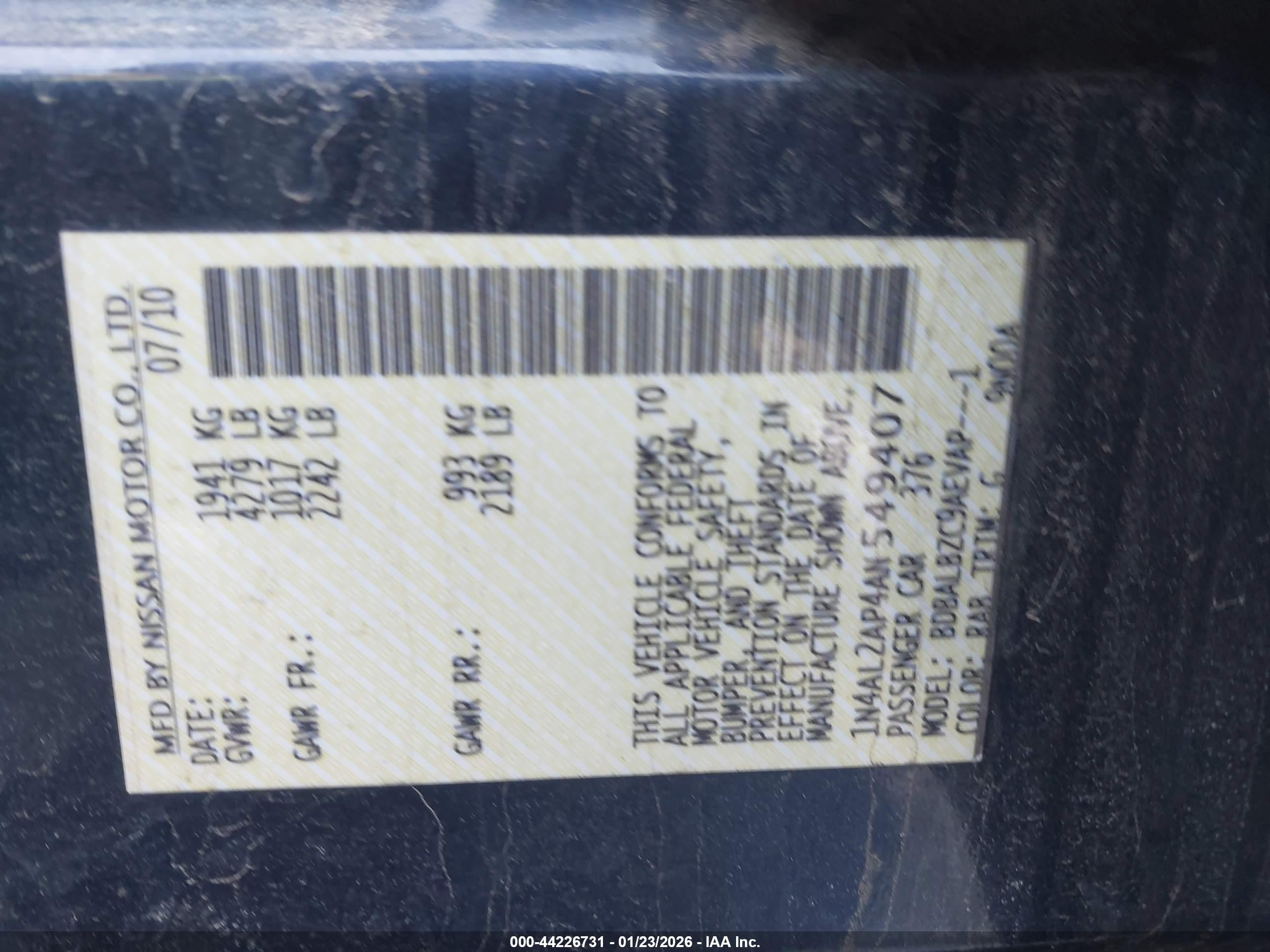 2010 Nissan Altima 2.5 S Blue vin: 1N4AL2AP4AN549407