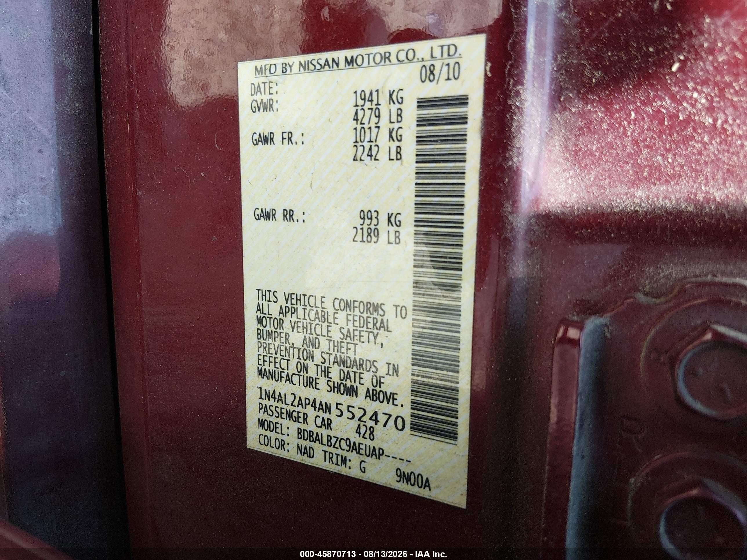 2010 Nissan Altima 2.5 S Burgundy vin: 1N4AL2AP4AN552470