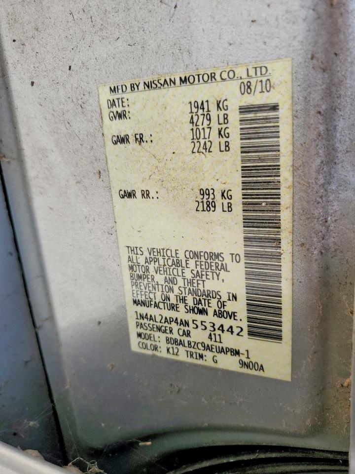 2010 Nissan Altima 4d Silver vin: 1N4AL2AP4AN553442