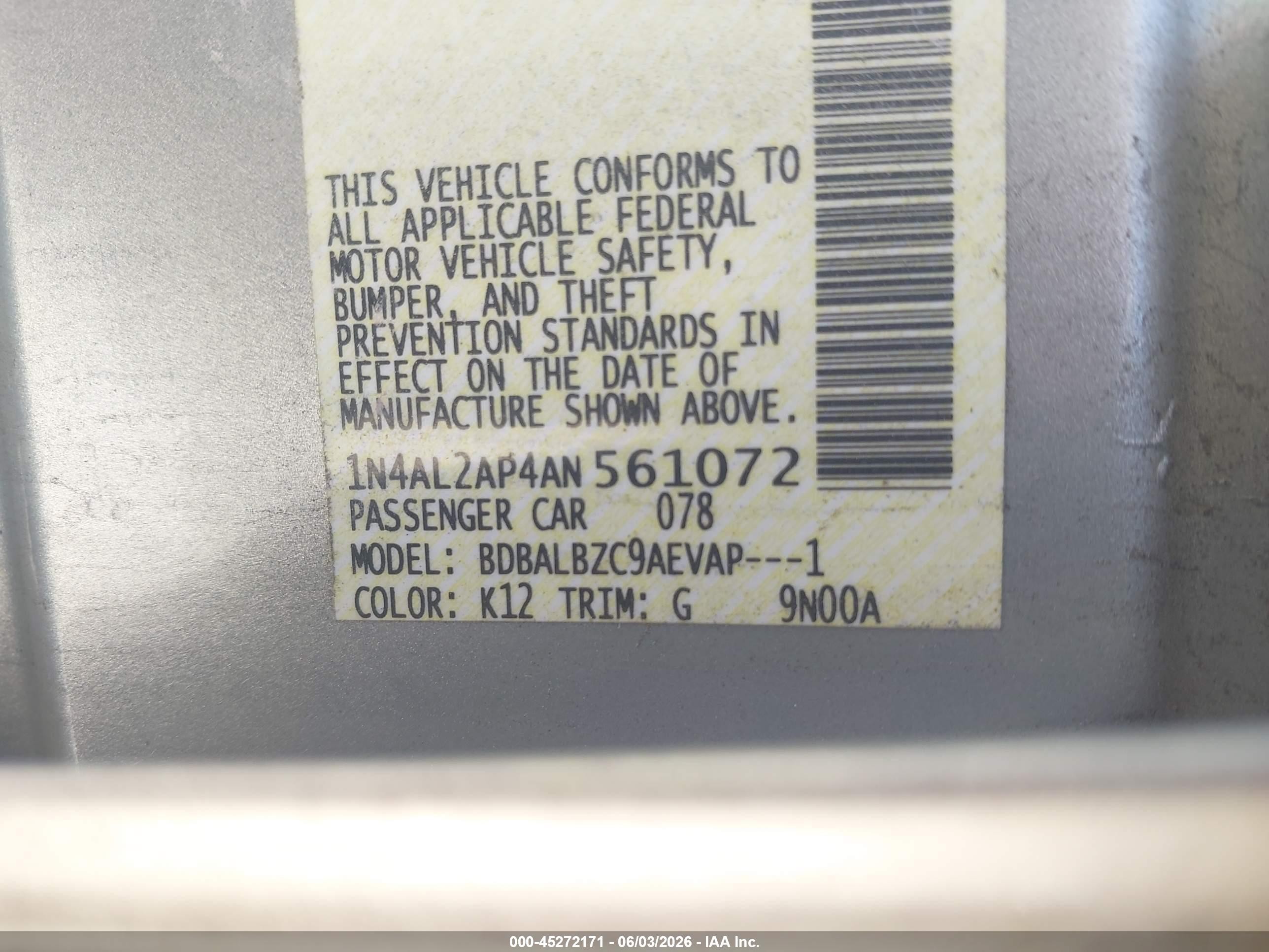 2010 Nissan Altima 2.5 S Silver vin: 1N4AL2AP4AN561072