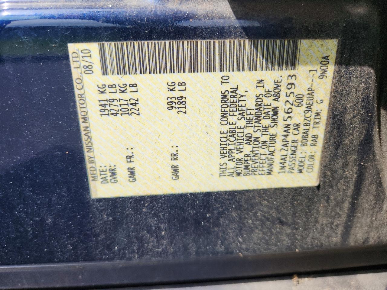 2010 Nissan Altima 2.5 Blue vin: 1N4AL2AP4AN562593