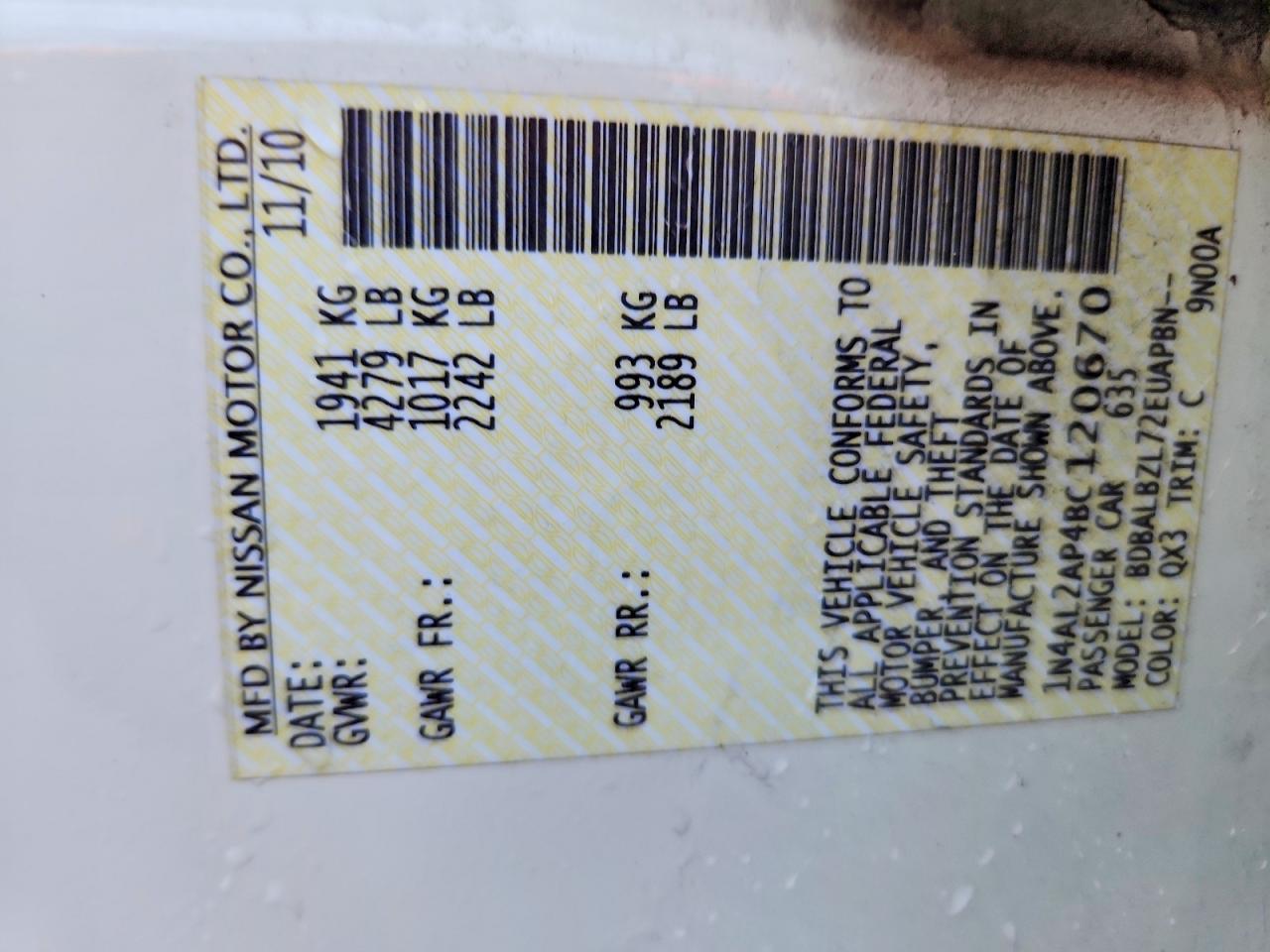 2011 Nissan Altima 2.5 White vin: 1N4AL2AP4BC120670