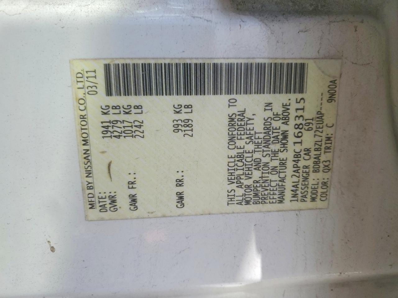 2011 Nissan Altima 2.5 White vin: 1N4AL2AP4BC168315