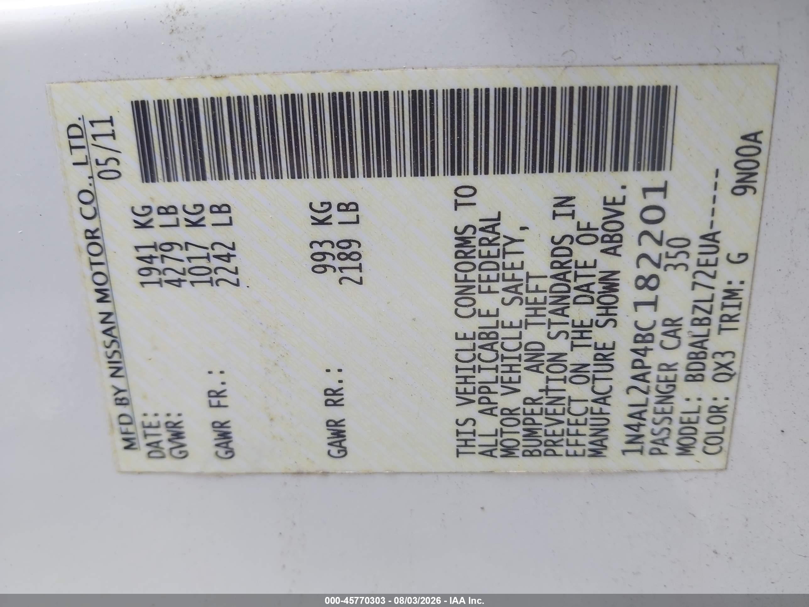 2011 Nissan Altima 2.5 S White vin: 1N4AL2AP4BC182201