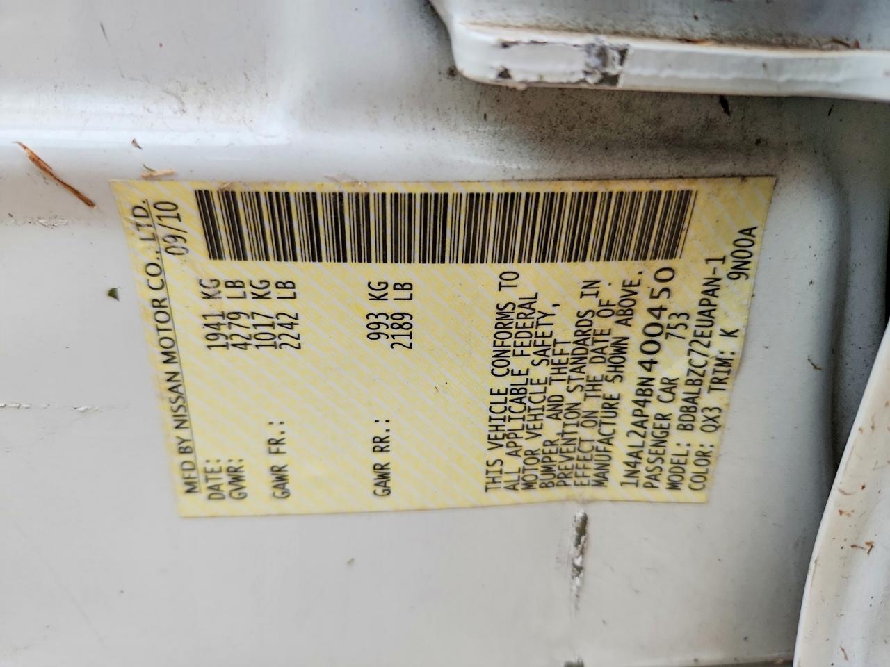 2011 Nissan Altima 2.5 White vin: 1N4AL2AP4BN400450