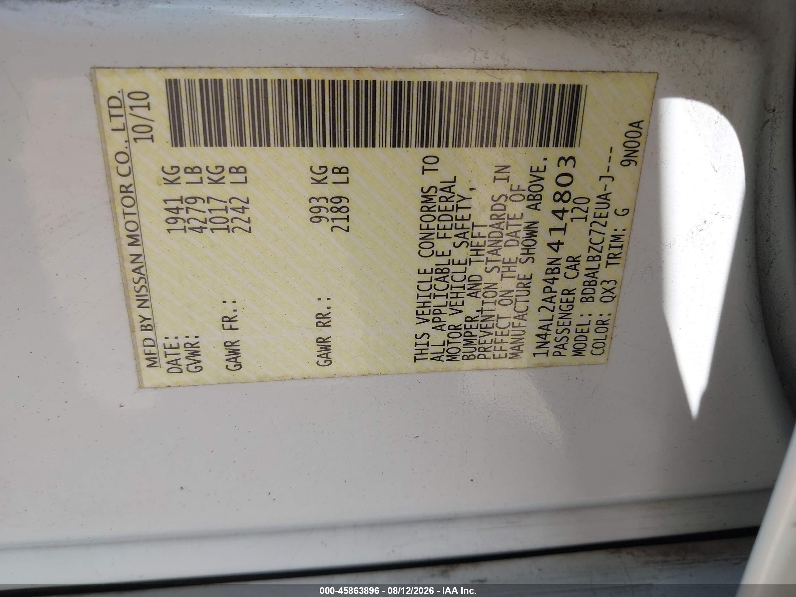 2011 Nissan Altima 2.5 S White vin: 1N4AL2AP4BN414803