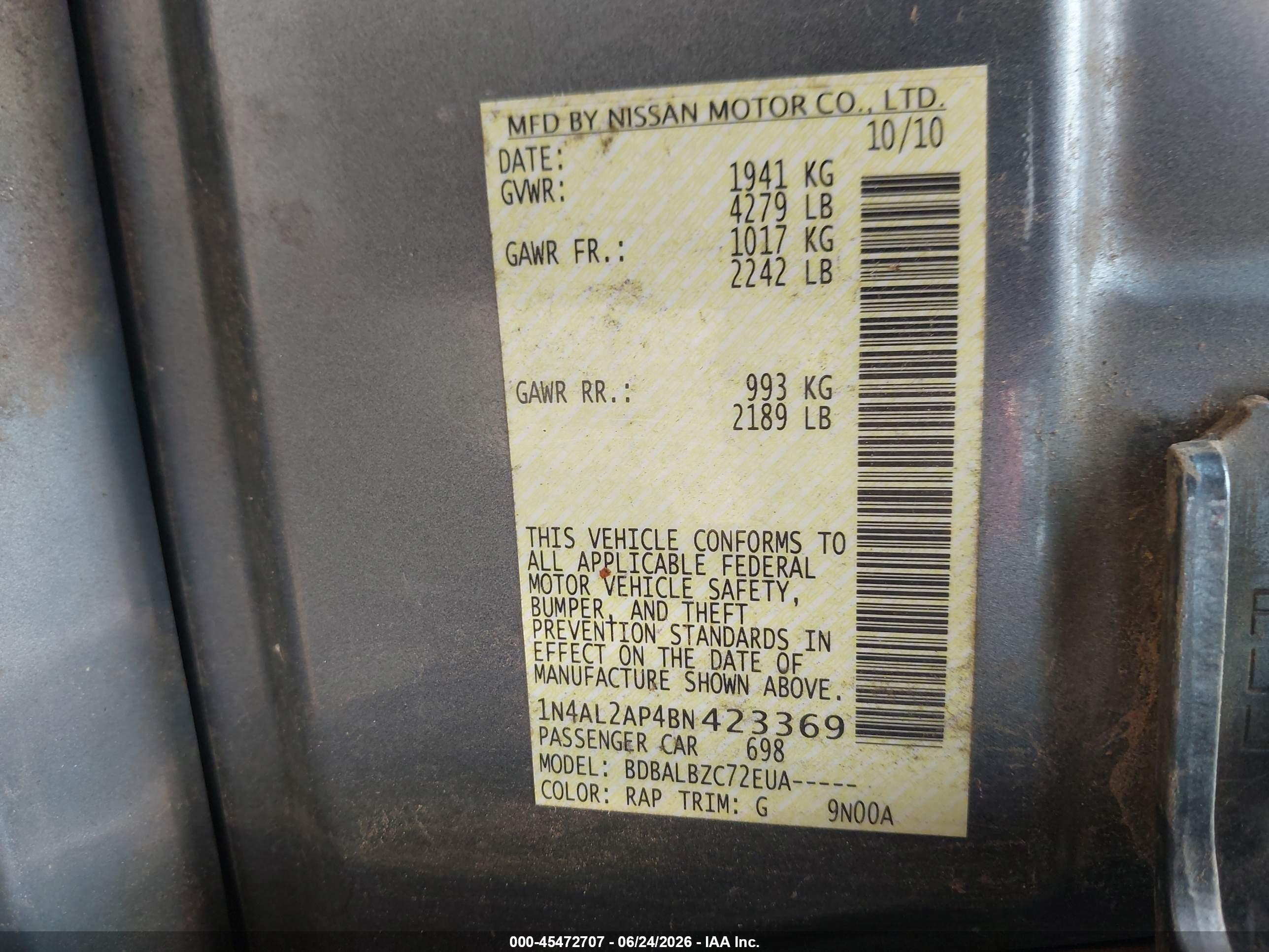 2011 Nissan Altima 2.5 S Blue vin: 1N4AL2AP4BN423369