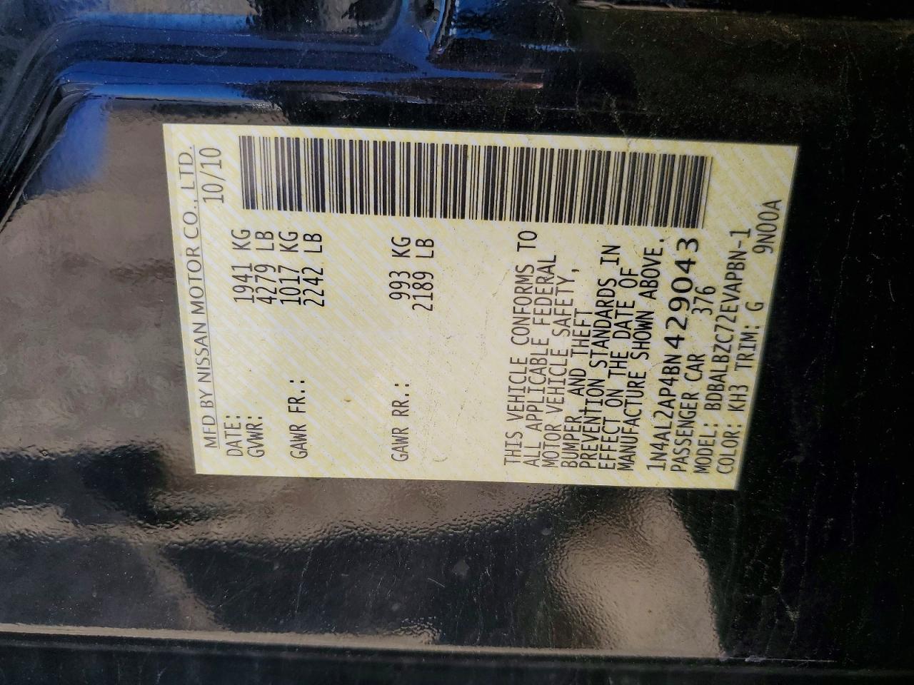 2011 Nissan Altima 2.5 Black vin: 1N4AL2AP4BN429043