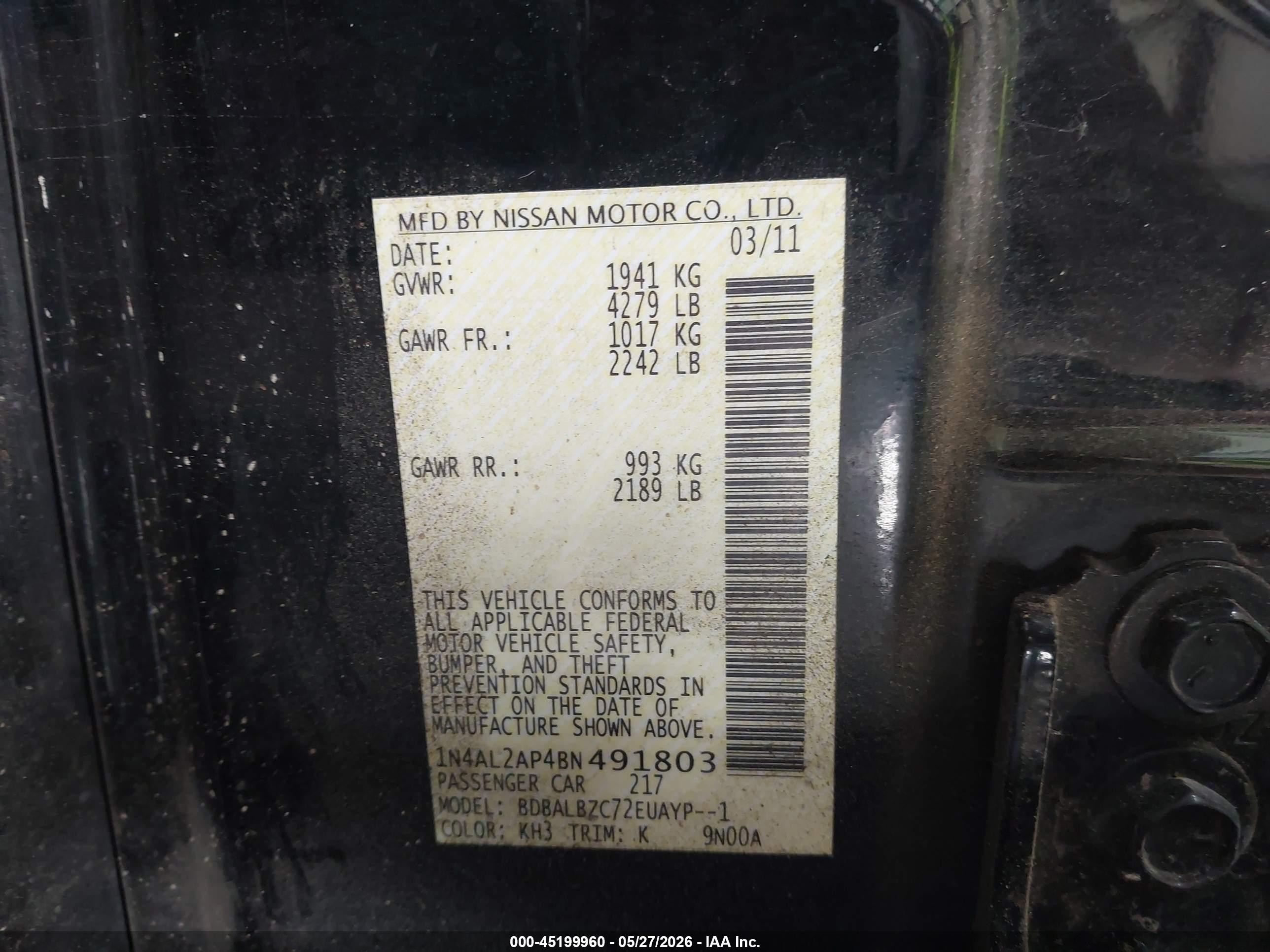 2011 Nissan Altima 2.5 S Black vin: 1N4AL2AP4BN491803