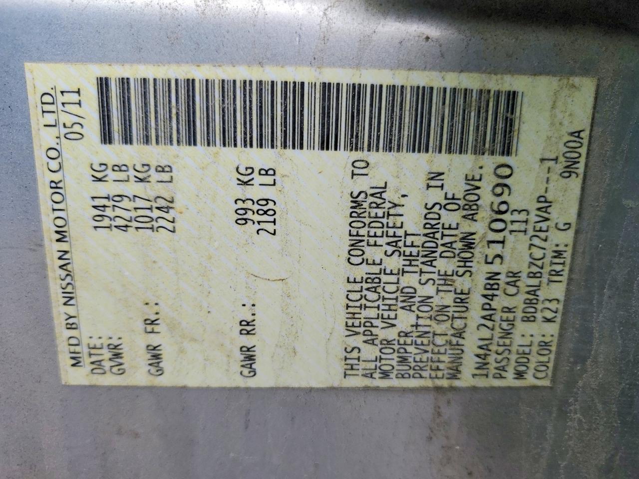 2011 Nissan Altima 2.5 Silver vin: 1N4AL2AP4BN510690