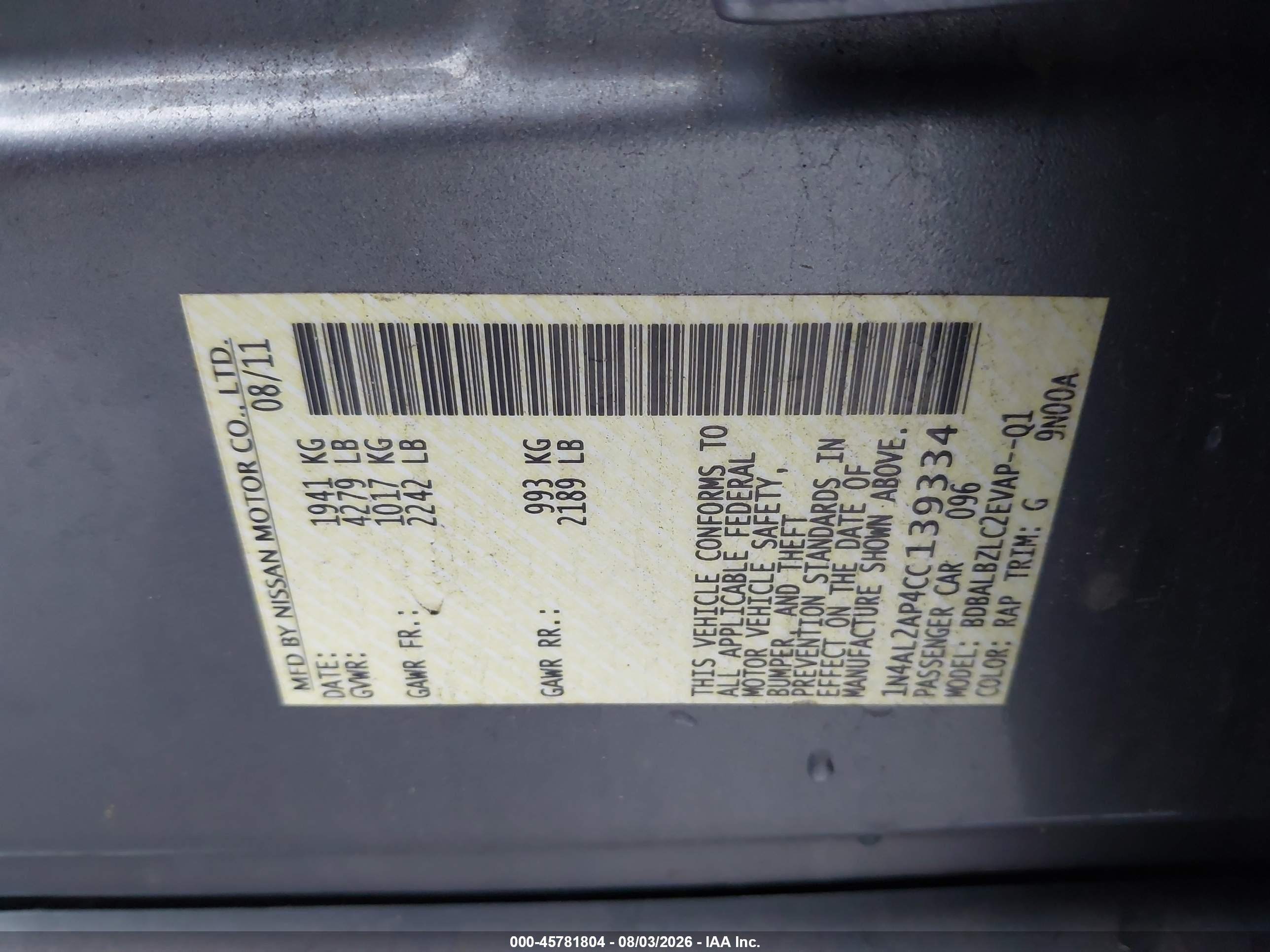 2012 Nissan Altima 2.5 S Light Blue vin: 1N4AL2AP4CC139334