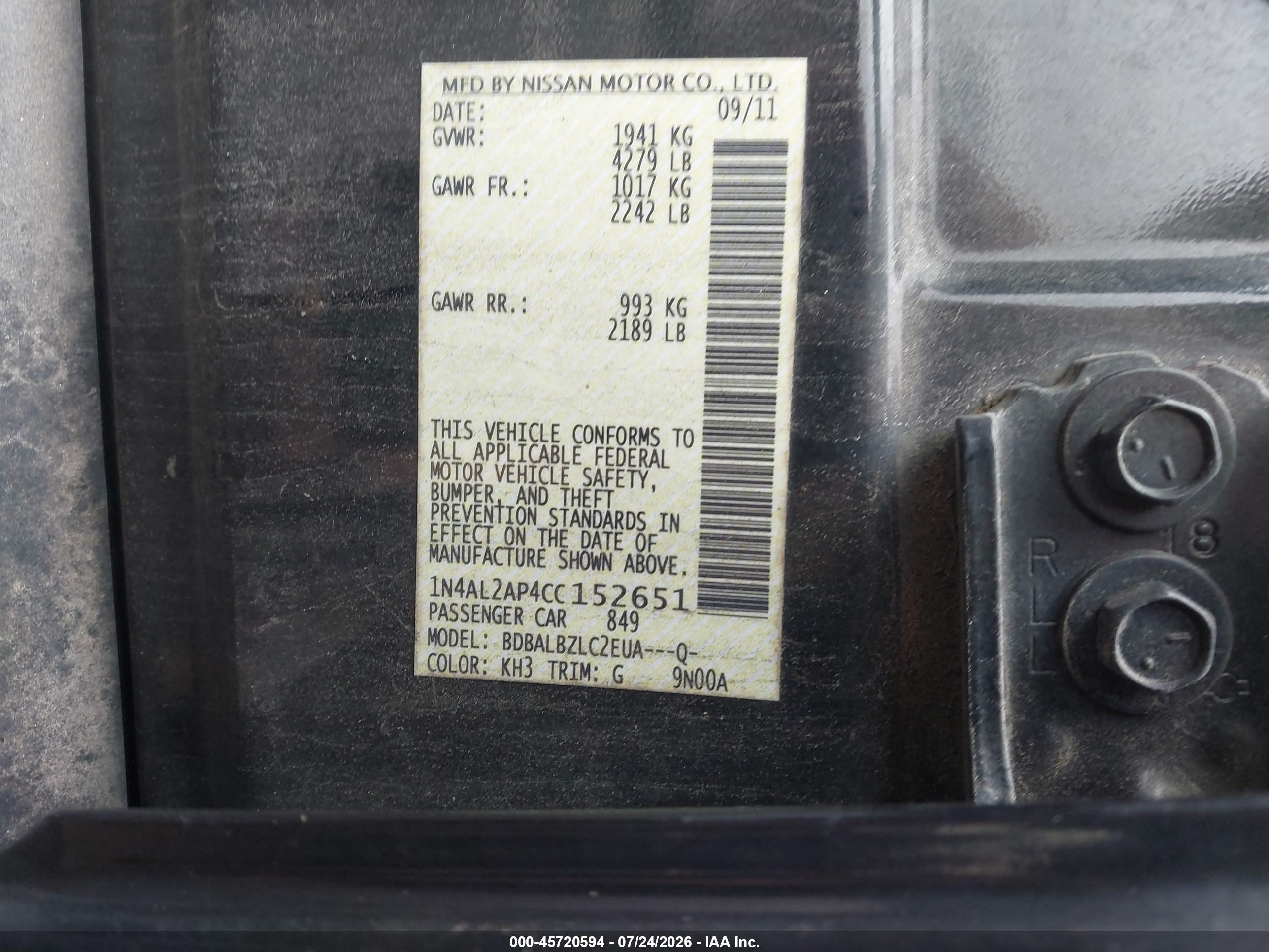 2012 Nissan Altima 2.5 S Black vin: 1N4AL2AP4CC152651