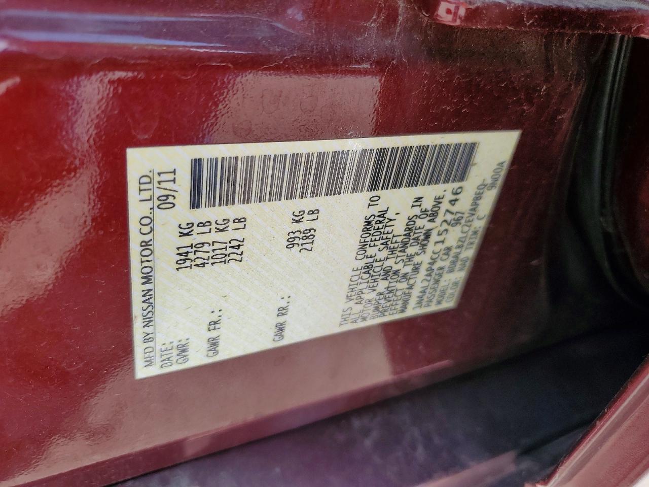 2012 Nissan Altima Burgundy vin: 1N4AL2AP4CC152746